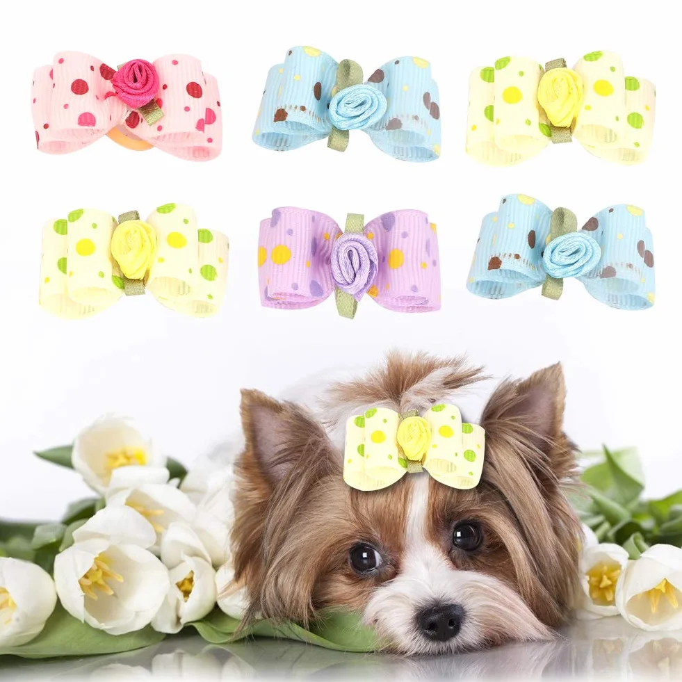 aqxreight 20 szt. Sierść Psa Bowknot z gumką Pet Puppy Teddy Pielęgnacja Włosów Akcesoria Losowy Kolor Boże Narodzenie i Moda Dog BowknotDog Hair Bowknot Akcesoria do Sierści Zwierząt Pielęgnacja