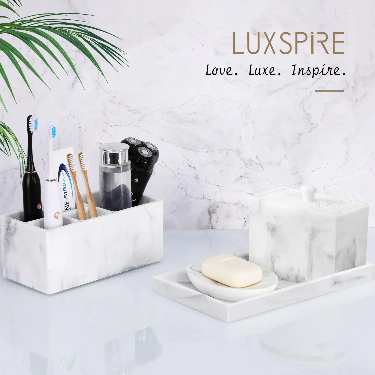 Luxspire Bathroom Vanity Tray, Resin Dresser Jewelry Ring Dish Tank Storage Kitchen Sink Countertop Organiser Plate Holder for Perfume Candles Soap Towel Plant Bathroom Accessories, M, White Marble