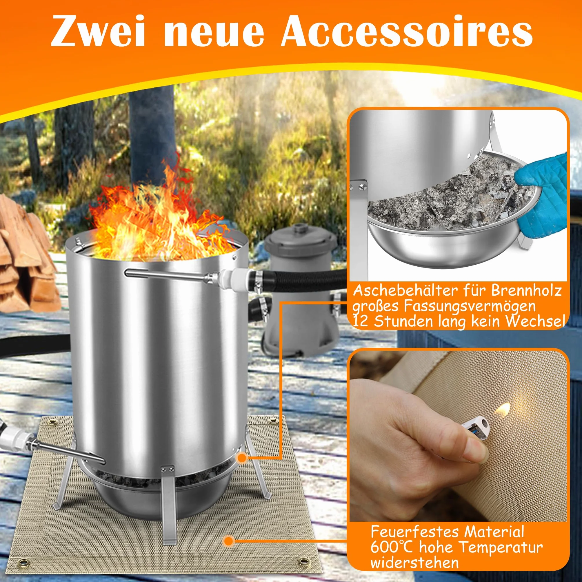 NAIZY Ogrzewanie basenu, kociołek ze stali nierdzewnej, ogrzewanie basenu, drewno opałowe, przyłącza 32/38 mm, podgrzewane wiadro, do basenu, wody, grillowania