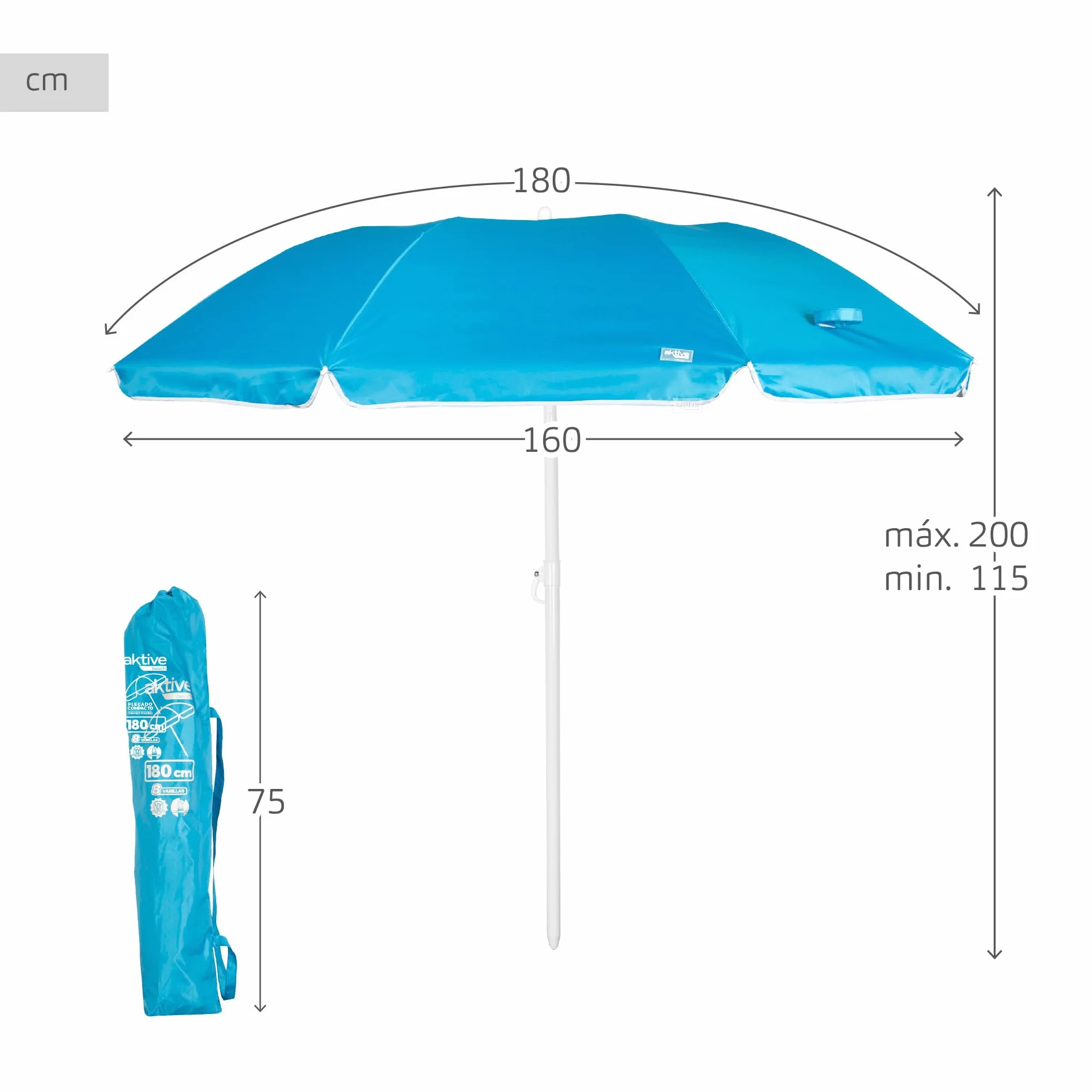 AKTIVE Parasol plażowy, 180 cm, kompaktowy, składany, ochrona UV50, regulowany bezstopniowo, regulowany i regulowany, stalowy maszt, posrebrzany, 8 żeberek, pokrowiec z uchwytem (62323), Niebieski,