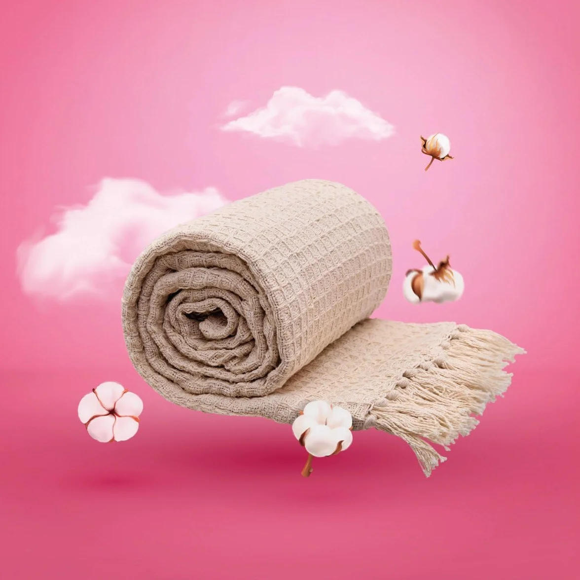 HOMLA Vaffel Bawełniany pled z frędzlami – miękki koc na kanapę i łóżko – subtelna dzianina bawełniana – 130 x 170 cm – naturalny kolor