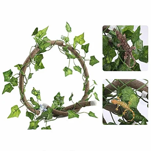 Gałąź wspinaczkowa dla gadów Rattanowa dekoracja terrarium z przyssawkami i realistycznym liściem dla jaszczurki kameleona Gecko
