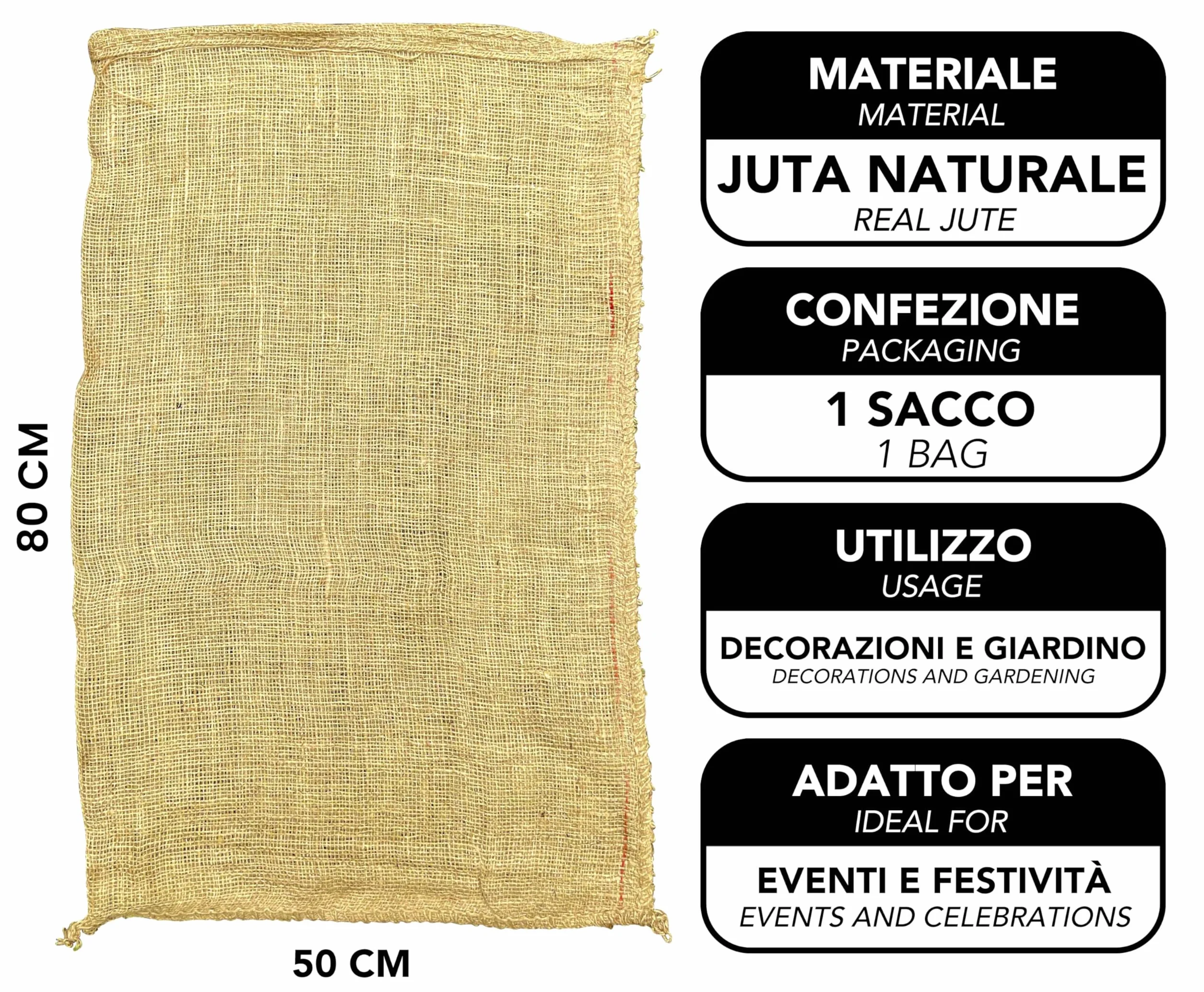 IPEA BSJUTASACX1 worek z juty duży rozmiar – 80 x 50 cm – Made in Italy – 1 jednostka – worki z juty naturalnej tkaniny dla majsterkowiczów, wystroju, ogrodnictwa, pudełka przedmiotów, imprezy