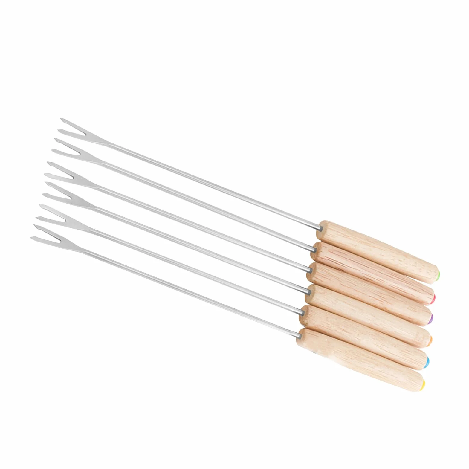 Widelce do Fondue ze Stali Nierdzewnej, Opakowanie 6 szt., Szaszłyki do Fondue Wielokrotnego Użytku, Drewniana Rączka, Idealne do Fondue Czekoladowo-serowego, Pikniki, Kemping