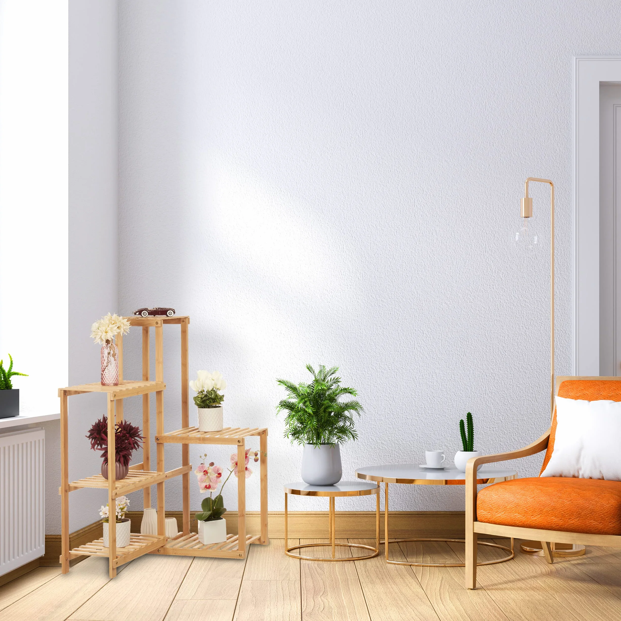Relaxdays Bambusowy regał na rośliny, 6 półek, regał narożny do wnętrz, wys. x szer. x gł.: 101 x 62 x 62 cm, regał na kwiaty do salonu, naturalny