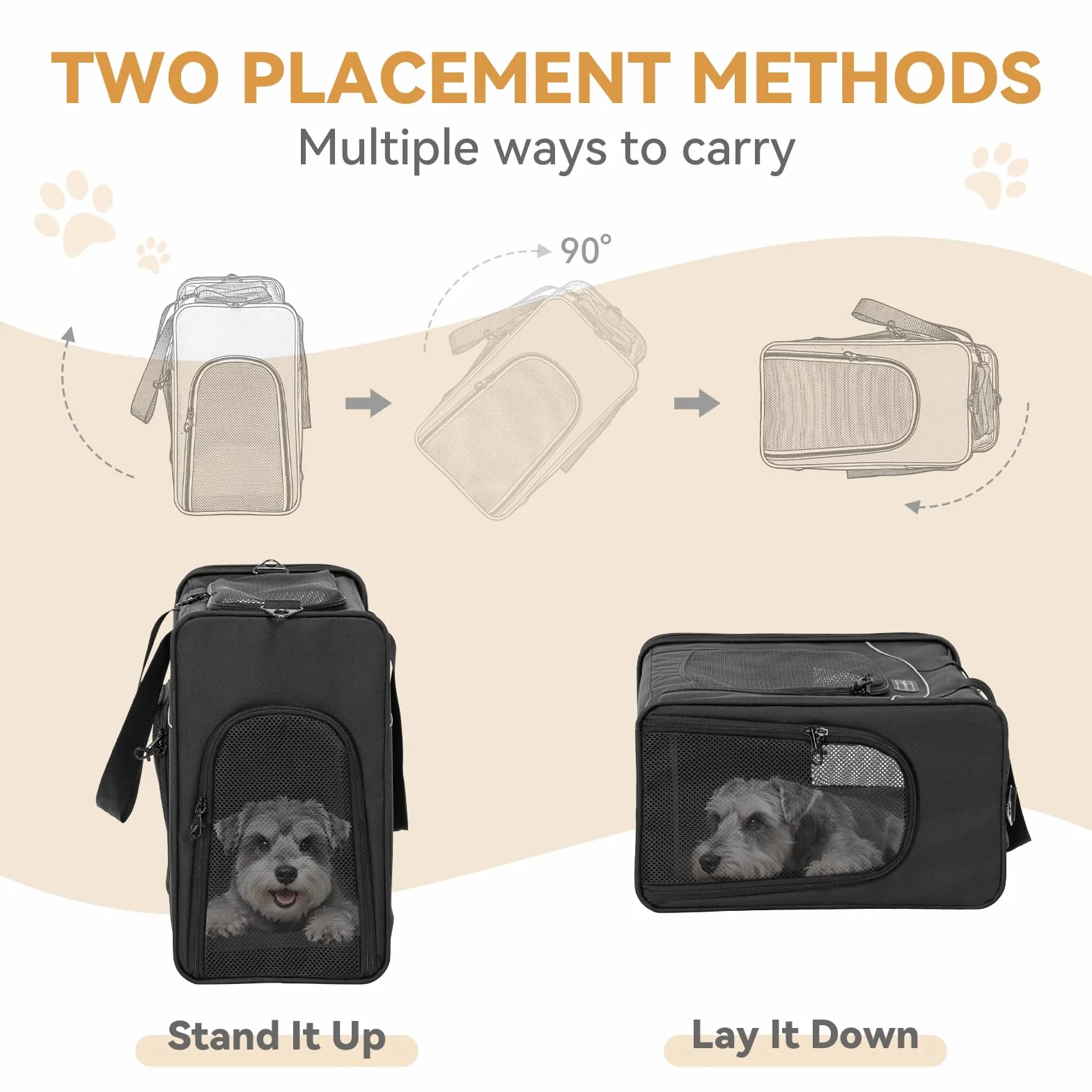 Petsfit Torba dla psa, samolot, 55 x 40 x 23 cm, torba transportowa dla psa, kota, bezpieczny transport w samochodzie, samolocie i pociągu, z 2 metodami umieszczenia, L/czarna