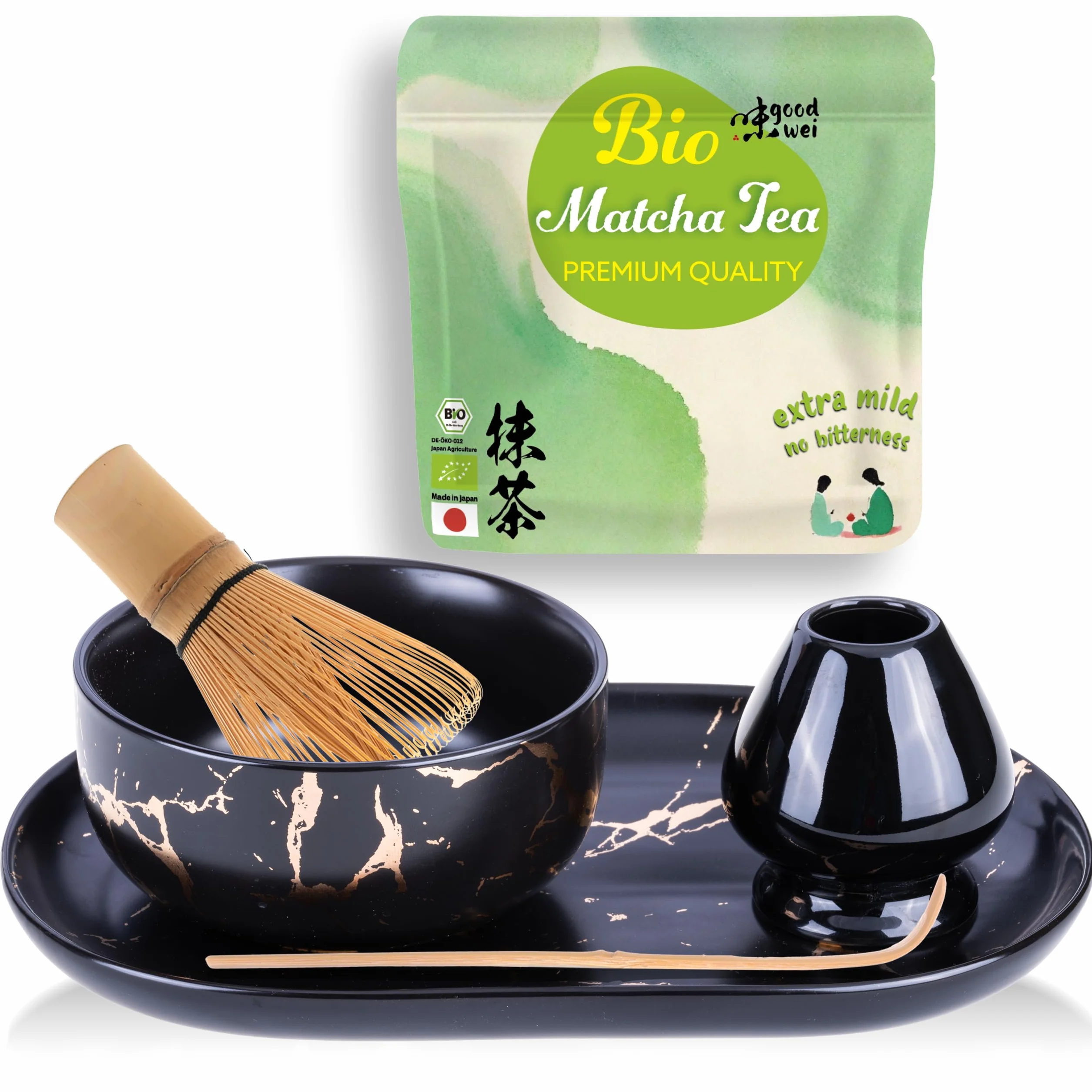 Goodwei zestaw do herbaty Matcha z miotłą, miską do herbaty i japońską herbatą w proszku Bio Matcha - wzór marmurowy (czarny z tacą)