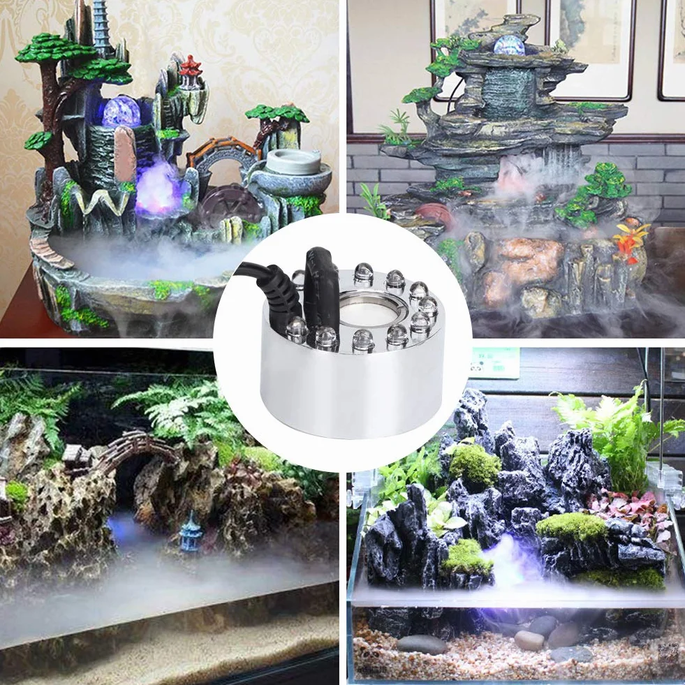 Silver Mister Maker Fogger Fountain Akwarium Mist Maker Light 12 LED Ultradźwiękowy Mist Maker Fogger Atomizer Nawilżacz do stawu fontannowego Indoor Outdoor (wtyczka UE)