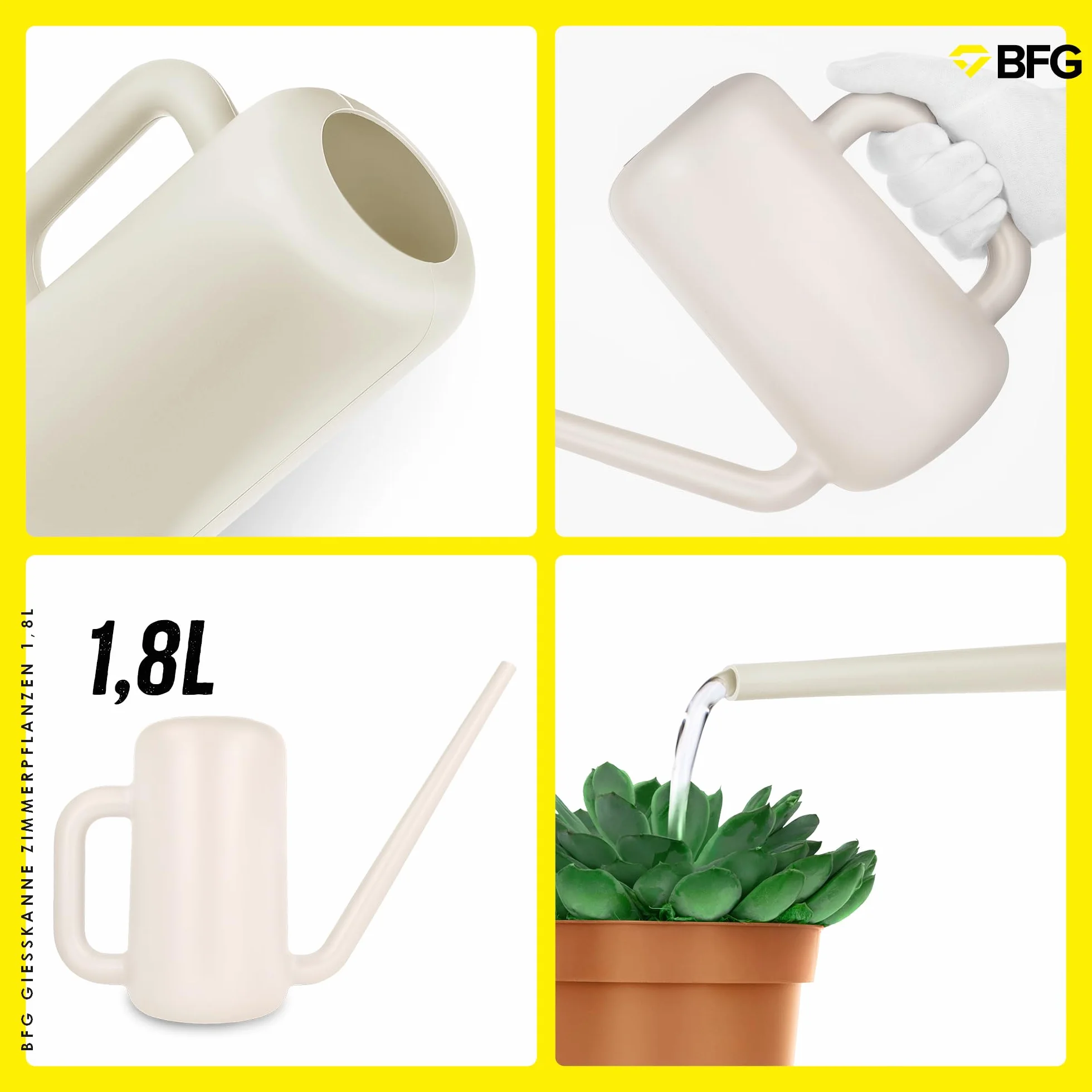 BFG Konewka do Podlewania Roślin Domowych 1,8 l - Wykonana z Plastiku Pochodzącego z Recyklingu - z Długą Wylewką Ułatwiającą Podlewanie (Kość Słoniowa)