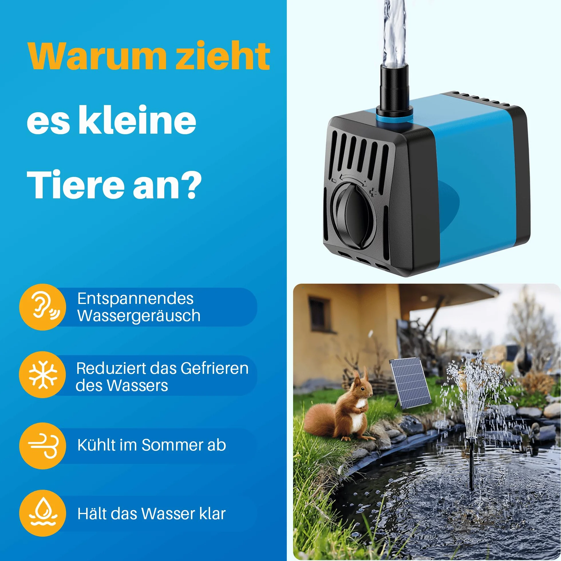 Biling Solarna pompa do stawu 12 W, 450 l/h, cicha pompa solarna z 4 dyszami, fontanna solarna na zewnątrz z wężem do strumieni, do stawów ogrodowych, wentylacja do 500 l, fontanna solarna "zrób to