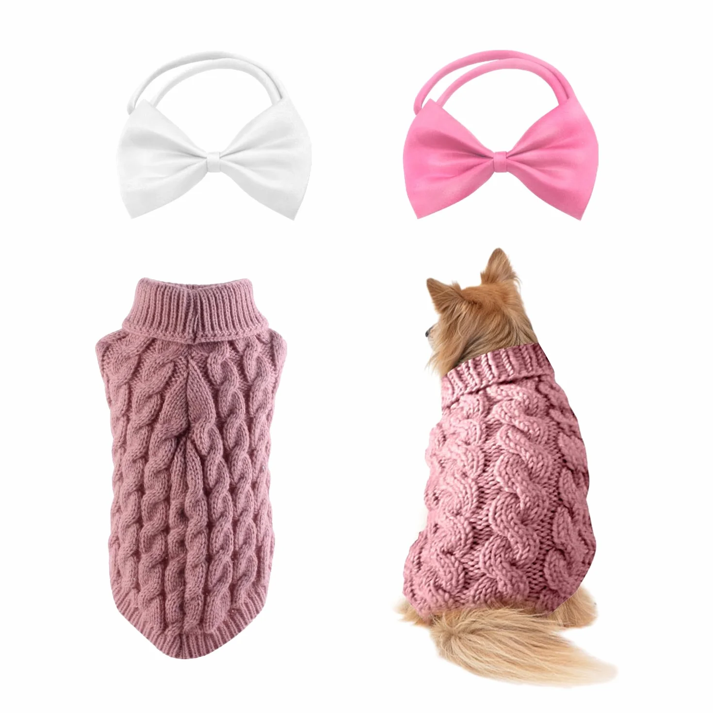 1 sweter dla zwierząt domowych, 2 muchy dla zwierząt domowych, ciepły płaszcz zimowy dla zwierząt domowych, sweter, golf, odpowiedni dla kotów i psów (rozmiar M, różowy)