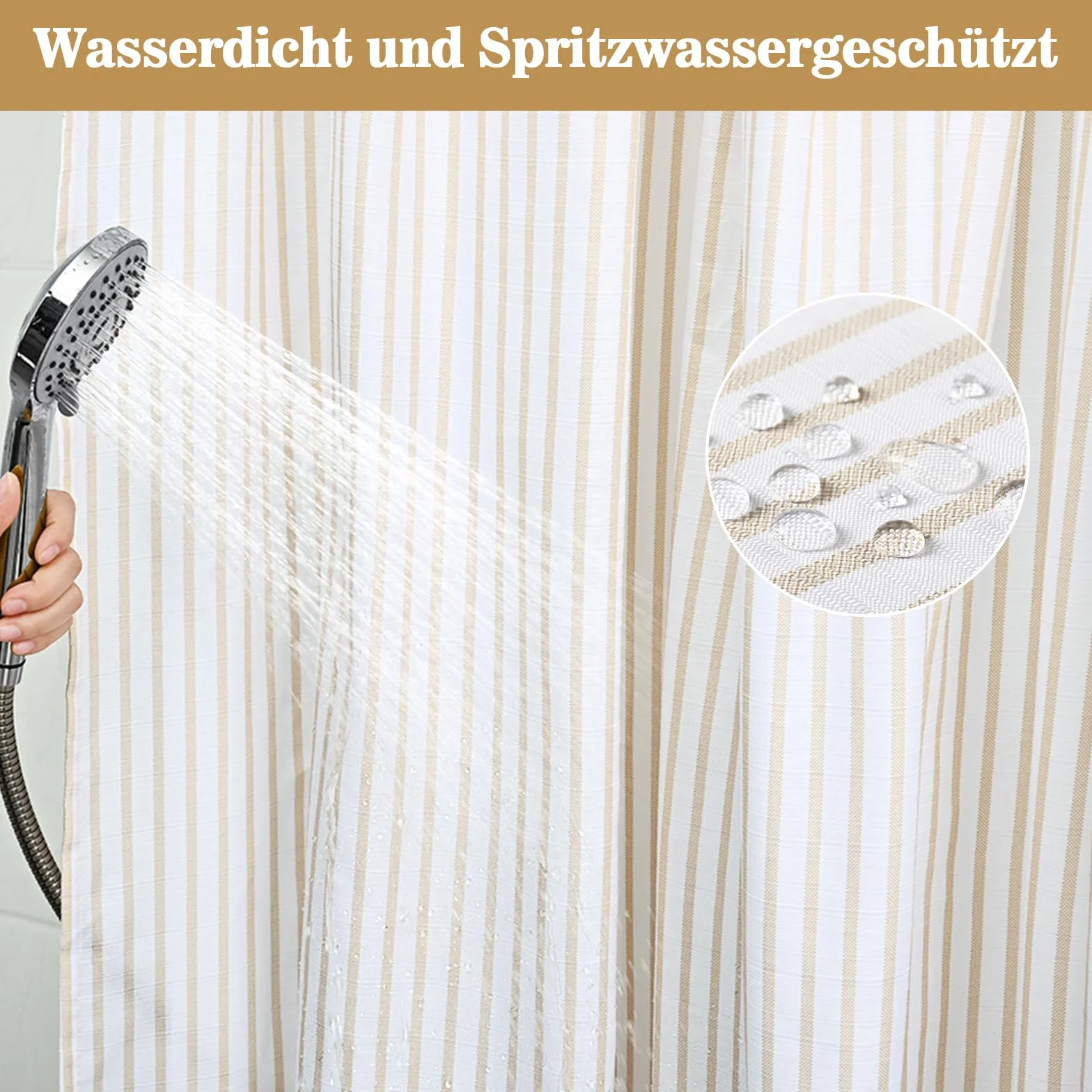 Alishomtll Zasłona prysznicowa 120 x 205 cm, beżowa, białe paski, ochrona przed pleśnią, tekstylna zasłona łazienkowa, nadaje się do prania, dwuwarstwowa zasłona prysznicowa z podszewką na zatrzask i