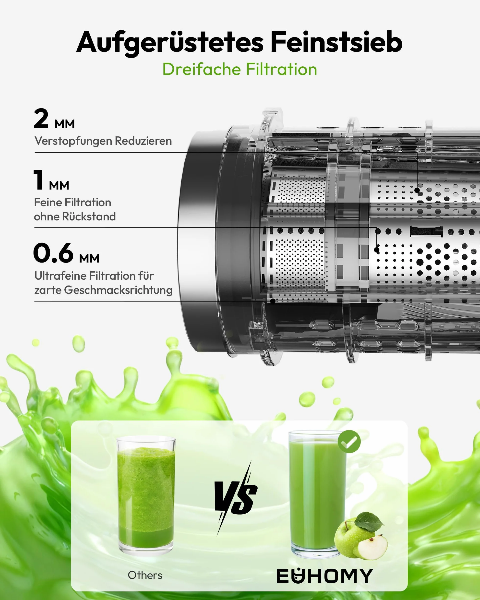 EUHOMY Sokowirówka, Slow Juicer, sokowirówka do warzyw i owoców, zwycięzca testu z otworem do napełniania 135 mm, pojemność 1,8 l, 2 filiżanki | elektryczna wyciskarka do soków, czarna srebrna