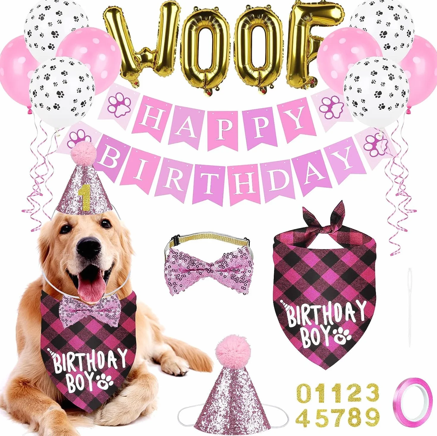 Dekoracja urodzinowa dla psa, chusta na szyję dla psa, chusta urodzinowa WOOF, balony z napisem "Happy Birthday", baner z nadrukiem Psiego, balony, muszka, kołnierz do dekoracji zwierząt domowych