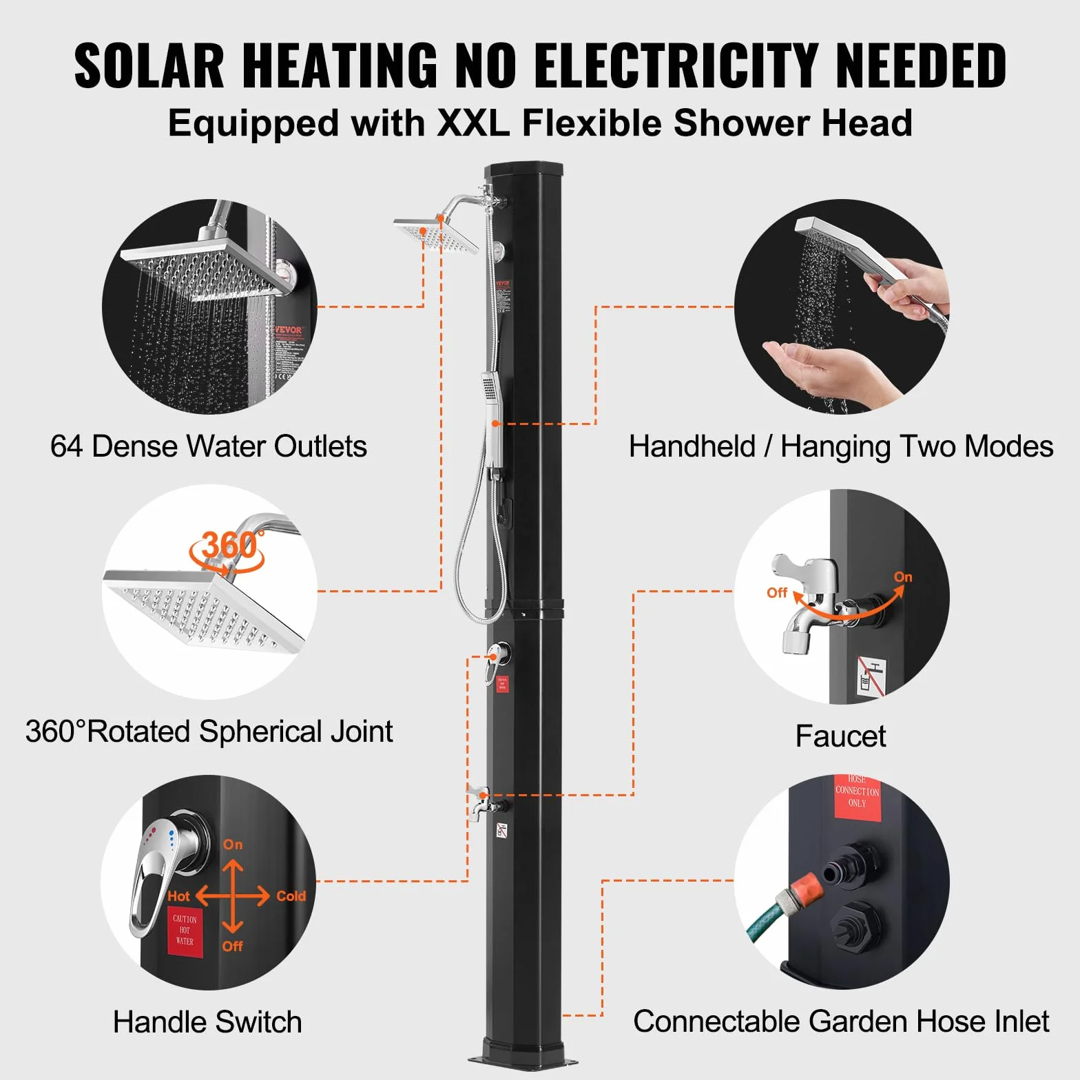 VEVOR Prysznic solarny 40 l, prysznic ogrodowy, 5 barów, ciśnienie wody, 220 x 180 x 2270 mm, deszczownica z głowicą prysznicową 15 x 15 cm, prysznic kempingowy, prysznic na zewnątrz dla 2-3 osób,