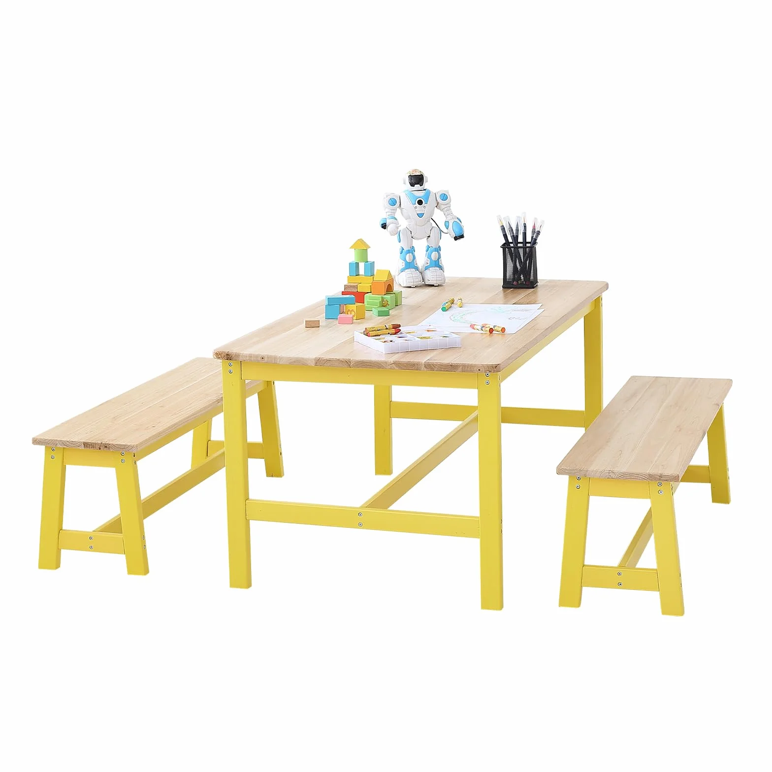 VEVOR 1 stolik dziecięcy + 2 ławki 1067 x 575 x 482 mm i 915 x 235 x 280 mm, zestaw mebli dziecięcych, łatwa do czyszczenia, do nauki, jedzenia, czytania, przedszkola, pokoju dziecięcego, 2-8 lat