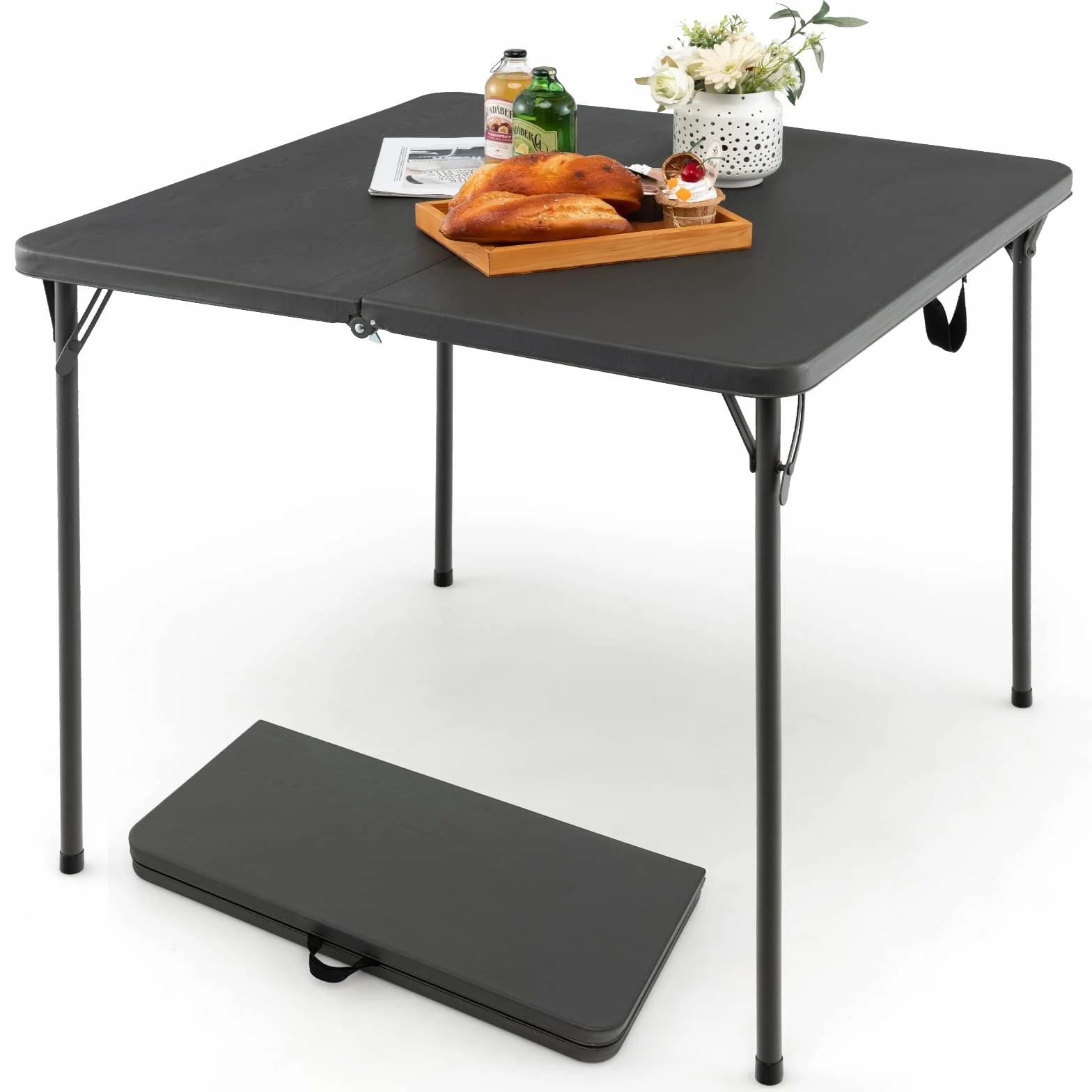 COSTWAY Składany stół kwadratowy, 86 x 86 cm, kempingowy, składany, z blatem z HDPE i uchwytem do noszenia, dla 4 osób, przenośny do jadalni i kuchni, ogrodowy