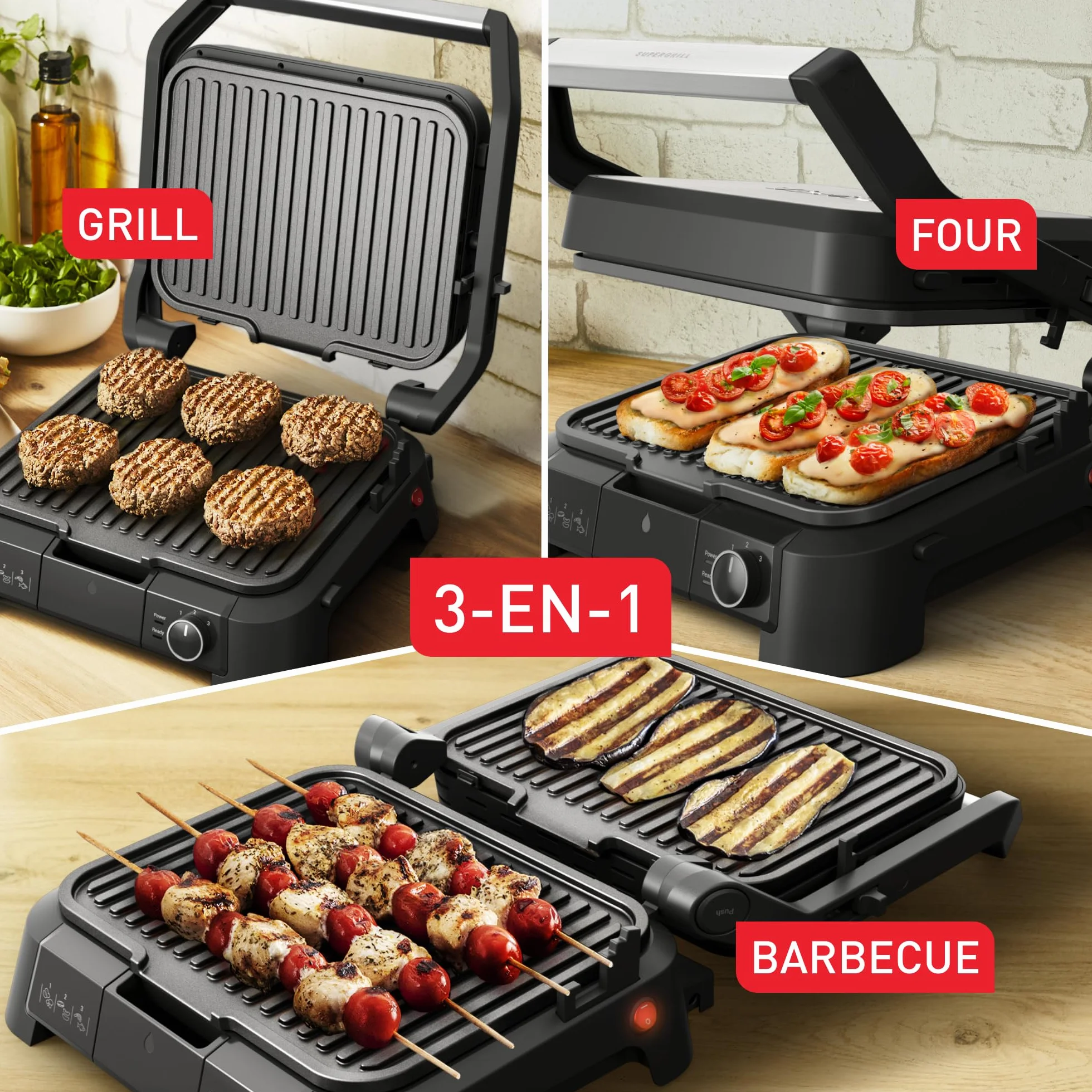 TEFAL GC510DE0 SuperGrill kontaktowy 3w1 3 wysokości, funkcja BBQ i rumienienia, powierzchnia 600 cm², regulowany termostat, 3 poziomy temperatury, powłoka nieprzywierająca, wyjmowana tacka, srebrny