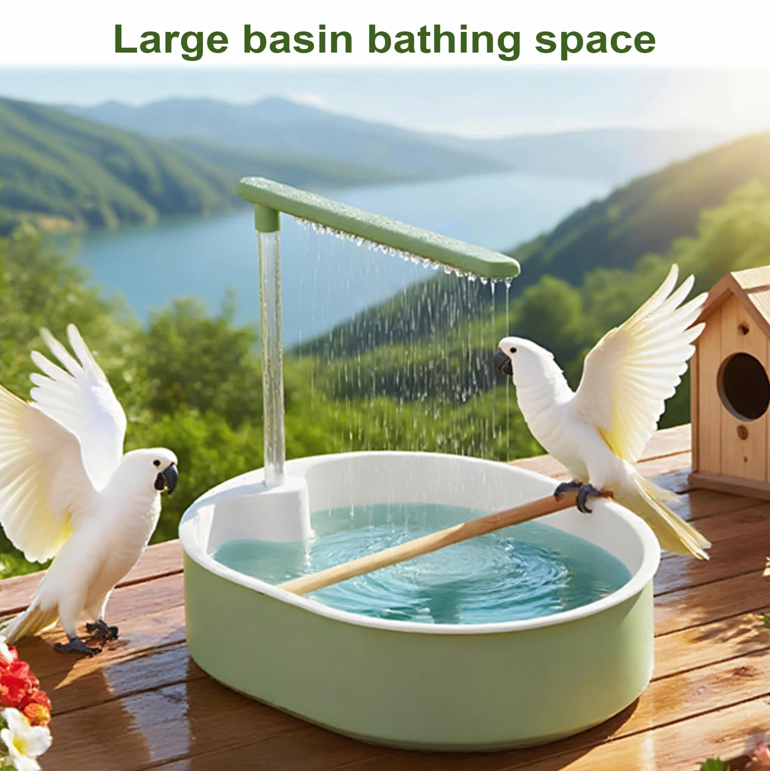 Parrot Bath Parakeet, fontanna dla ptaków, funkcja wody dla małych ptaków, kryty kockatiel zięby stacja do kąpieli z łatwym czyszczeniem i ochroną przed rozpryskami, basen dla zabawy