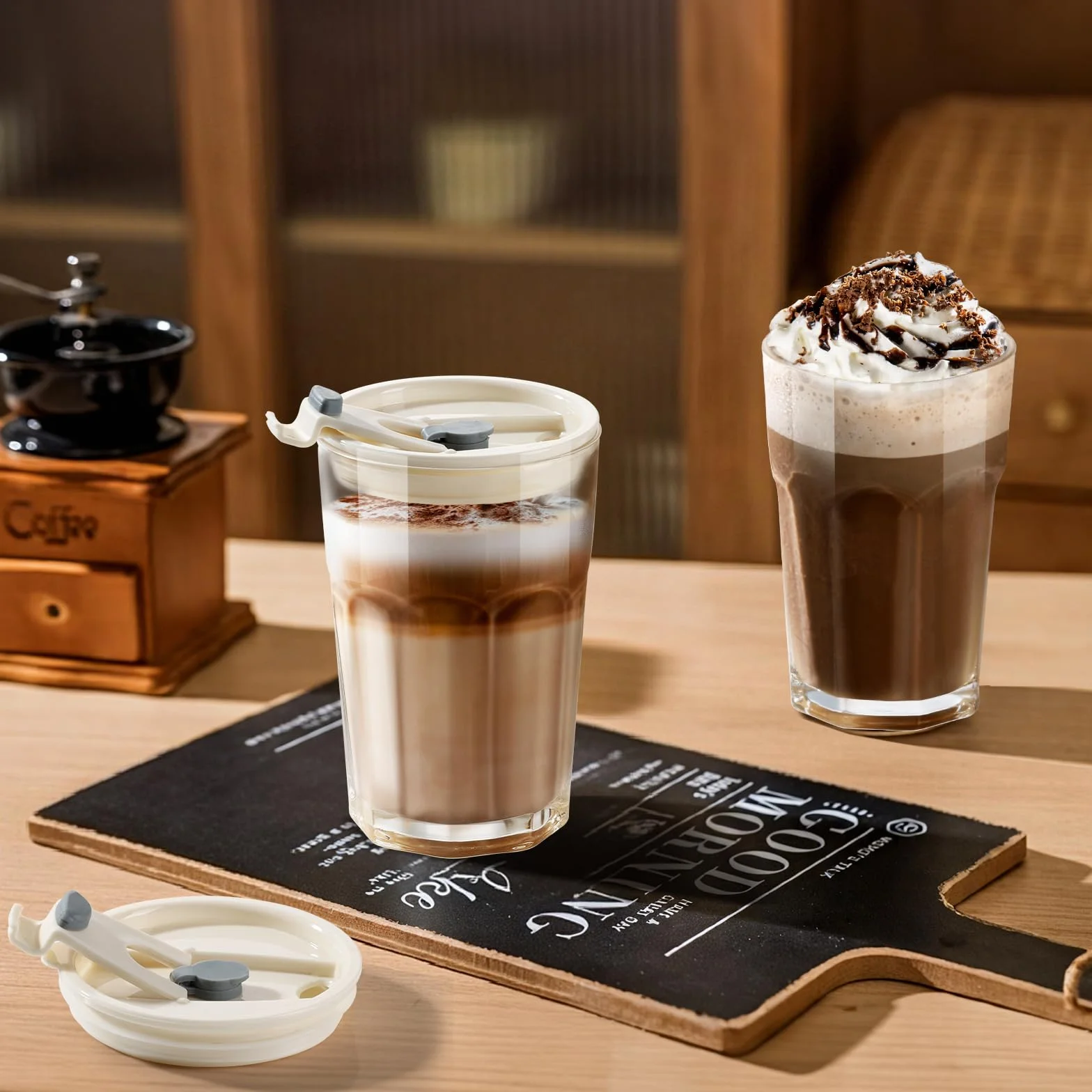 ecooe 430 ml żebrowane szklane kubki z pokrywką i słomką, 2 sztuki, szklane kubki do smoothie, mrożonej kawy, hermetyczne, wodoodporne szklanki do kawy, szklanki do picia soku matcha latte, mleka