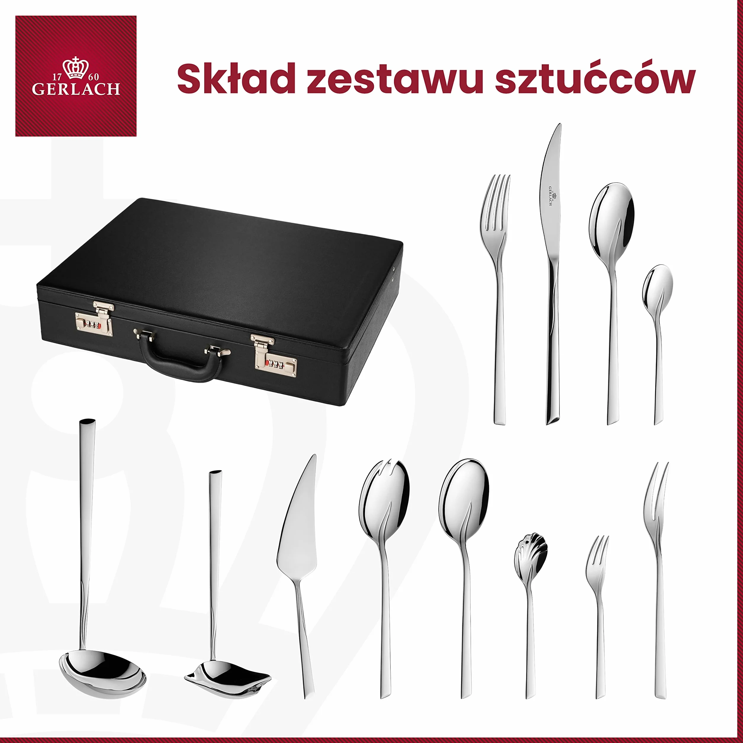 Gerlach FLAMES Zestaw Sztućców W Walizce Dla 12 Osób Ze Stali Szlachetnej Nierdzewnej Komplet Łyżka Widelec Nóż Obiadowy Łyżeczka Do Mycia W Zmywarce Połysk 52 x 42 x 10 cm 68 Elementów