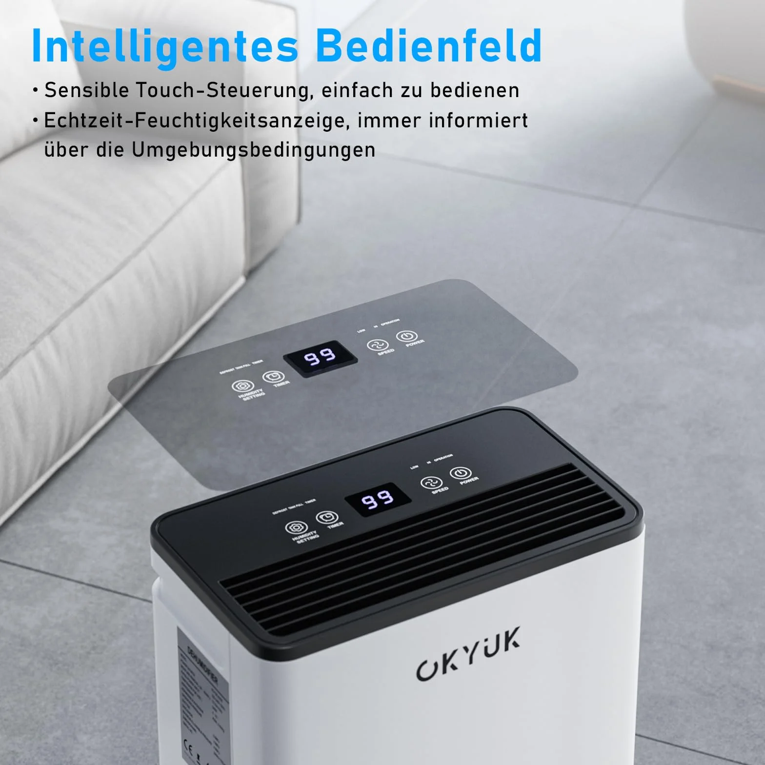 OKYUK Elektryczny osuszacz powietrza, 12 l, z cyfrowym wskaźnikiem wilgotności powietrza, osuszacz powietrza do domu, 60 m² z automatycznym wyłączaniem, idealny do kampera, łazienki, piwnicy (12 l