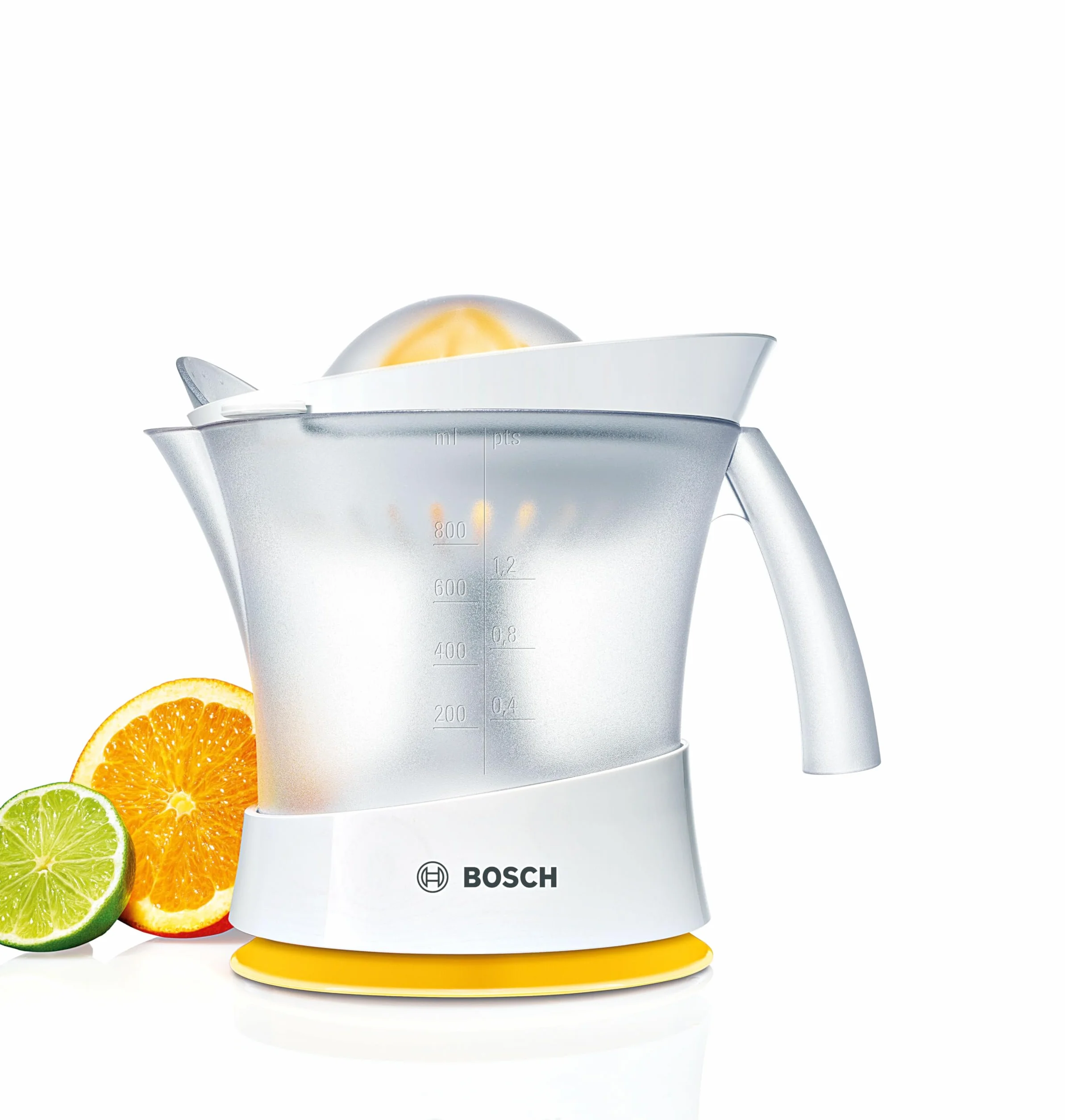 Bosch Wyciskarka do cytrusów VitaPress MCP3500N, uniwersalna wyciskarka do małych i dużych owoców, wysoka wydajność, pojemnik na sok 0,8 l, możliwość mycia w zmywarce, 25 W, biało-żółta