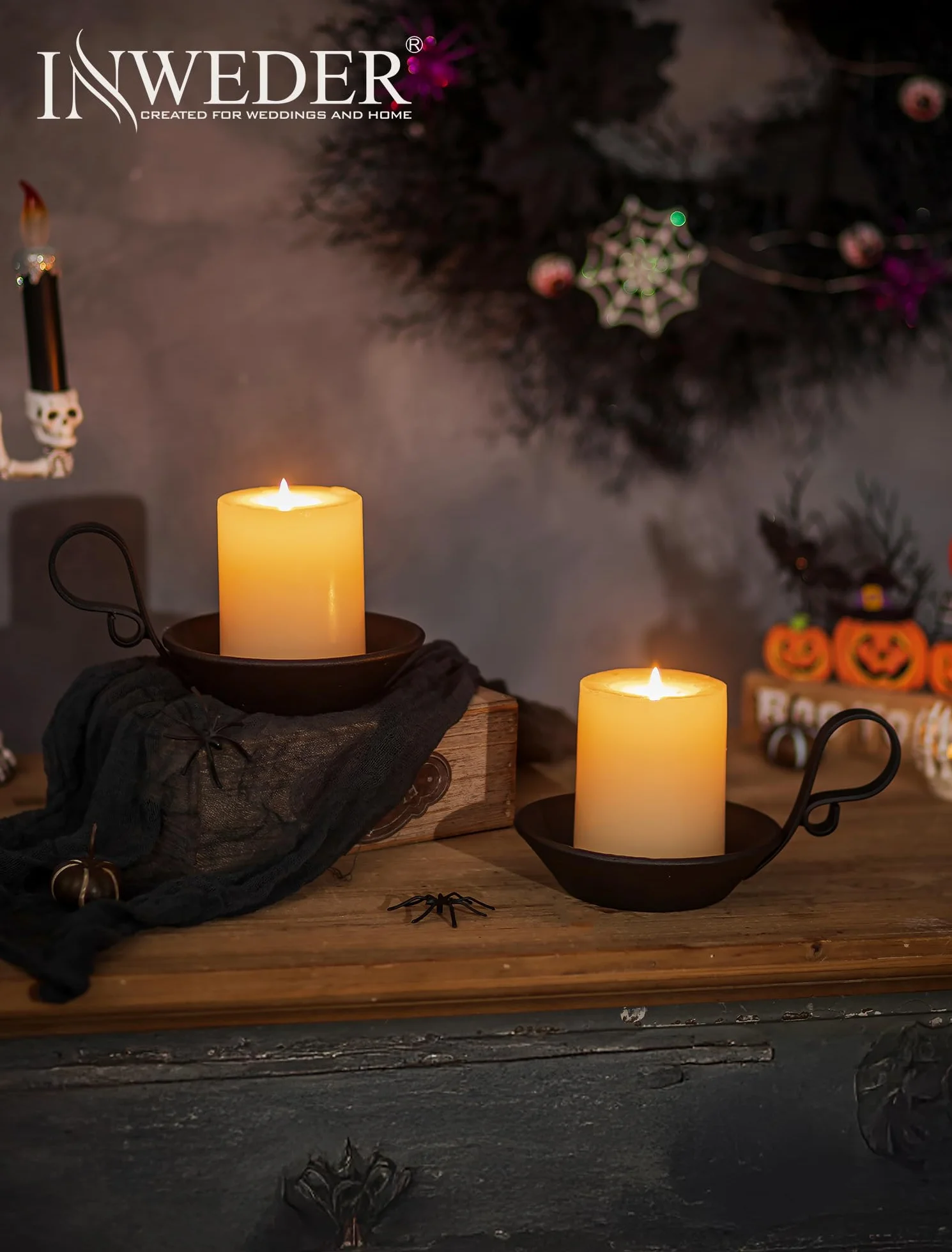 Żeliwne świeczniki: matowy czarny stojak na świece z uchwytem i kolcem bezpieczeństwa do świec filarowych nowoczesne świeczniki na Halloween Boże Narodzenie adwent kominek dekoracja salonu