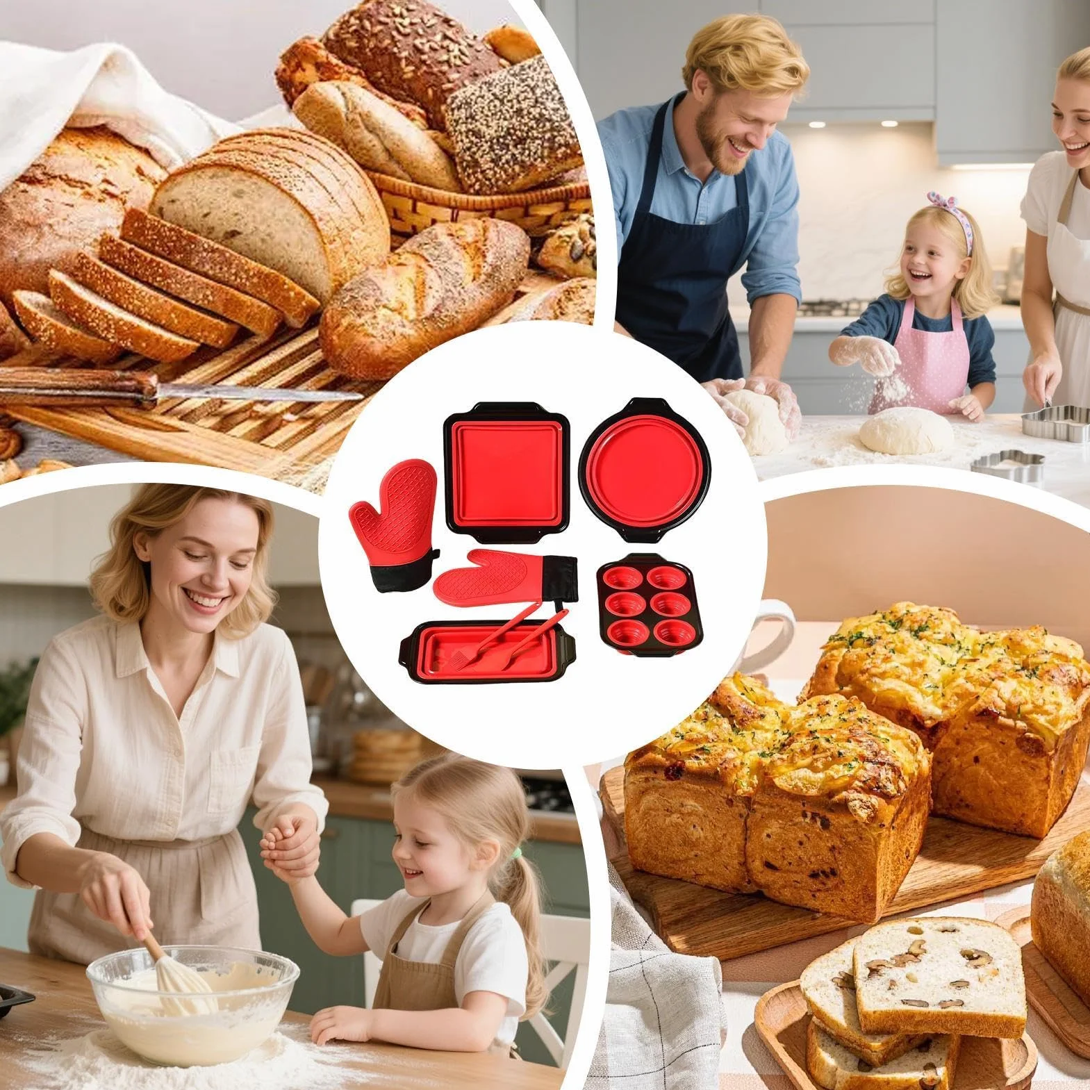 Silikonowa forma do pieczenia Elastyczne naczynie do pieczenia | Z rękawicą, skrobaką i pędzelkiem – można myć w zmywarce do Babeczek, Chleba, Ciastek, Muffin, Jajek, Pączków