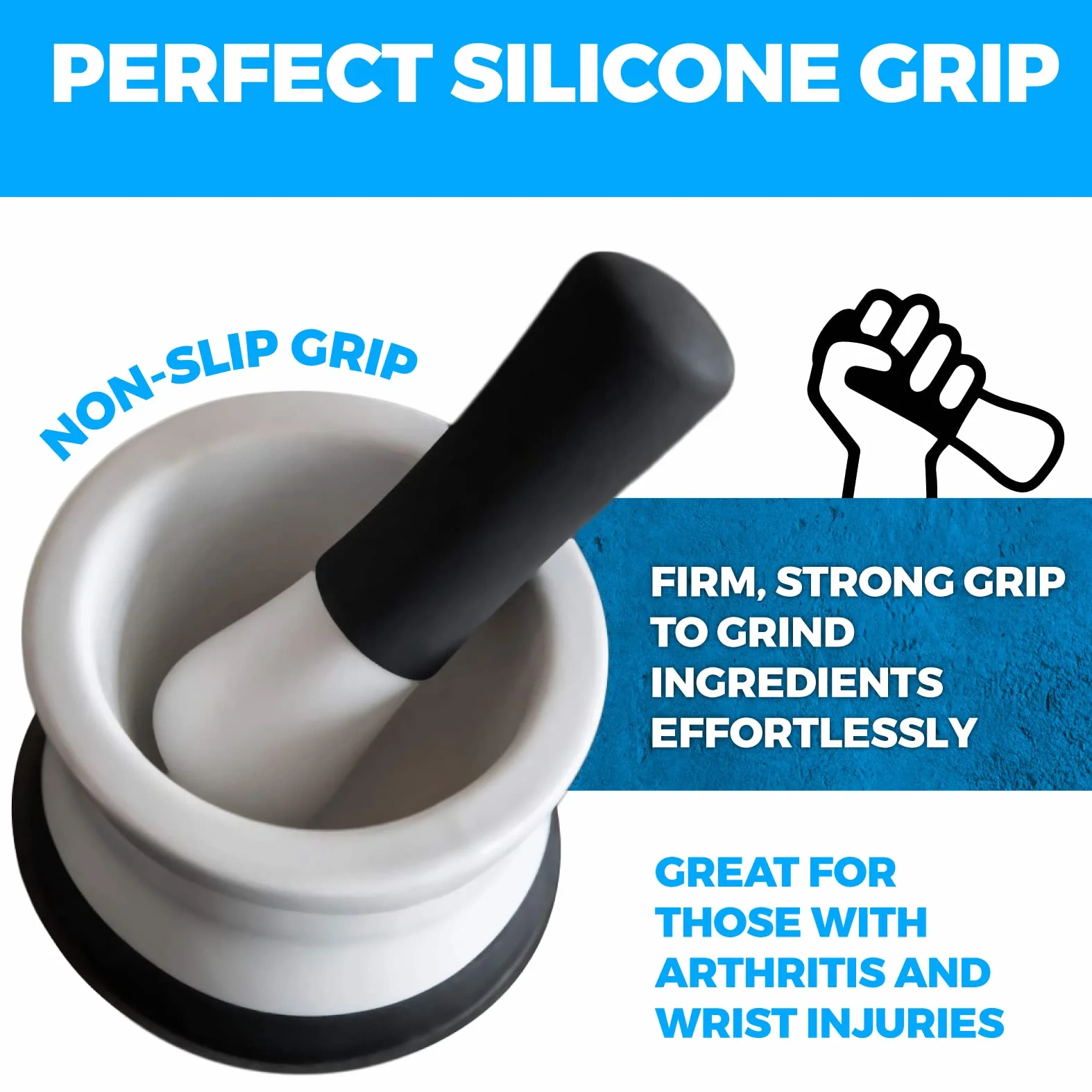 EZ-Grip silikonowy i ceramiczny tłuczek i moździerz z antypoślizgową odłączaną podstawą silikonową – można myć w zmywarce moździerz i tłuczek firmy Cooler Kitchen (biały i czarny)