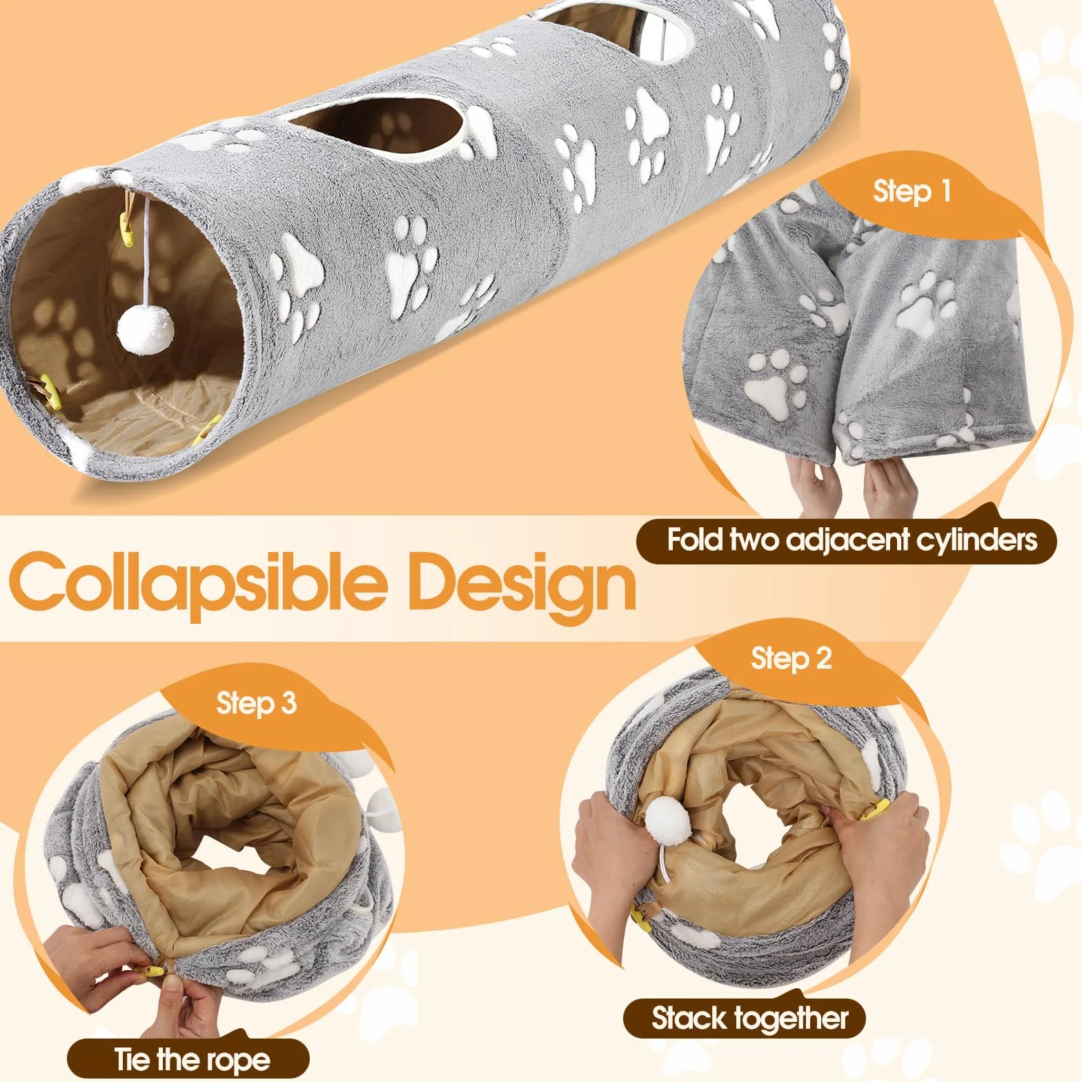 Tunele dla kotów domowych, pluszowy składany tunel z piłką do zabawy dla kotów domowych, szczeniaków, królików, małych psów (nadruk kota)