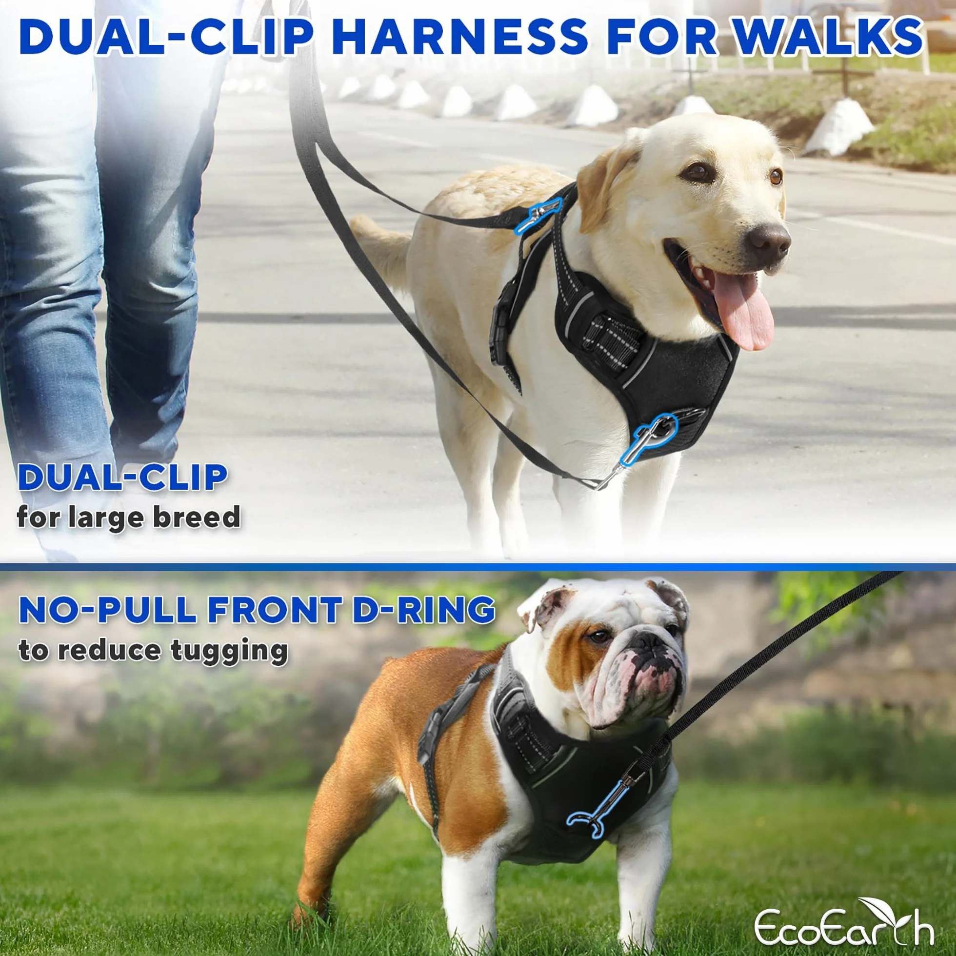 EcoEarth Dog Harness for Medium Dogs Black Soft Padded Adjustable No Pull Pet Harness
