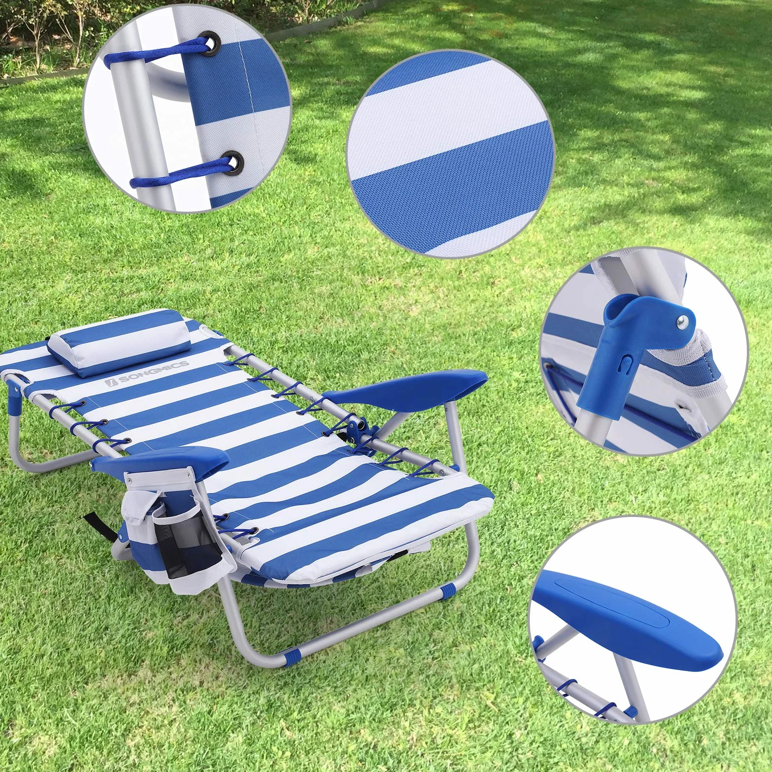 SONGMICS Krzesło plażowe z poduszką, aluminium, przenośne krzesło składane, krzesło kempingowe, składane i regulowane, jak plecak, krzesło outdoorowe, niebiesko-białe paski, GCB62BU