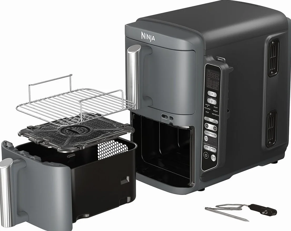 Ninja Double Stack XL Air Fryer frytkownica na gorące powietrze z termometrem cyfrowym, 9,5 l Airfryer, pionowa, cztery ustawienia gotowania, 2 stopnie gotowania i 2 poziomy, 6 funkcji gotowania, 8