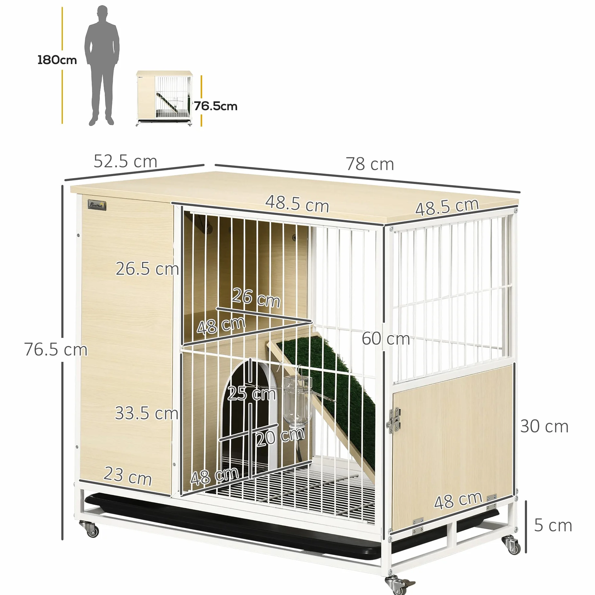 PawHut klatka dla królików ze zbiornikiem na wodę i wyciąganą tacą, stal i PVC, 78x52.5x76.5 cm