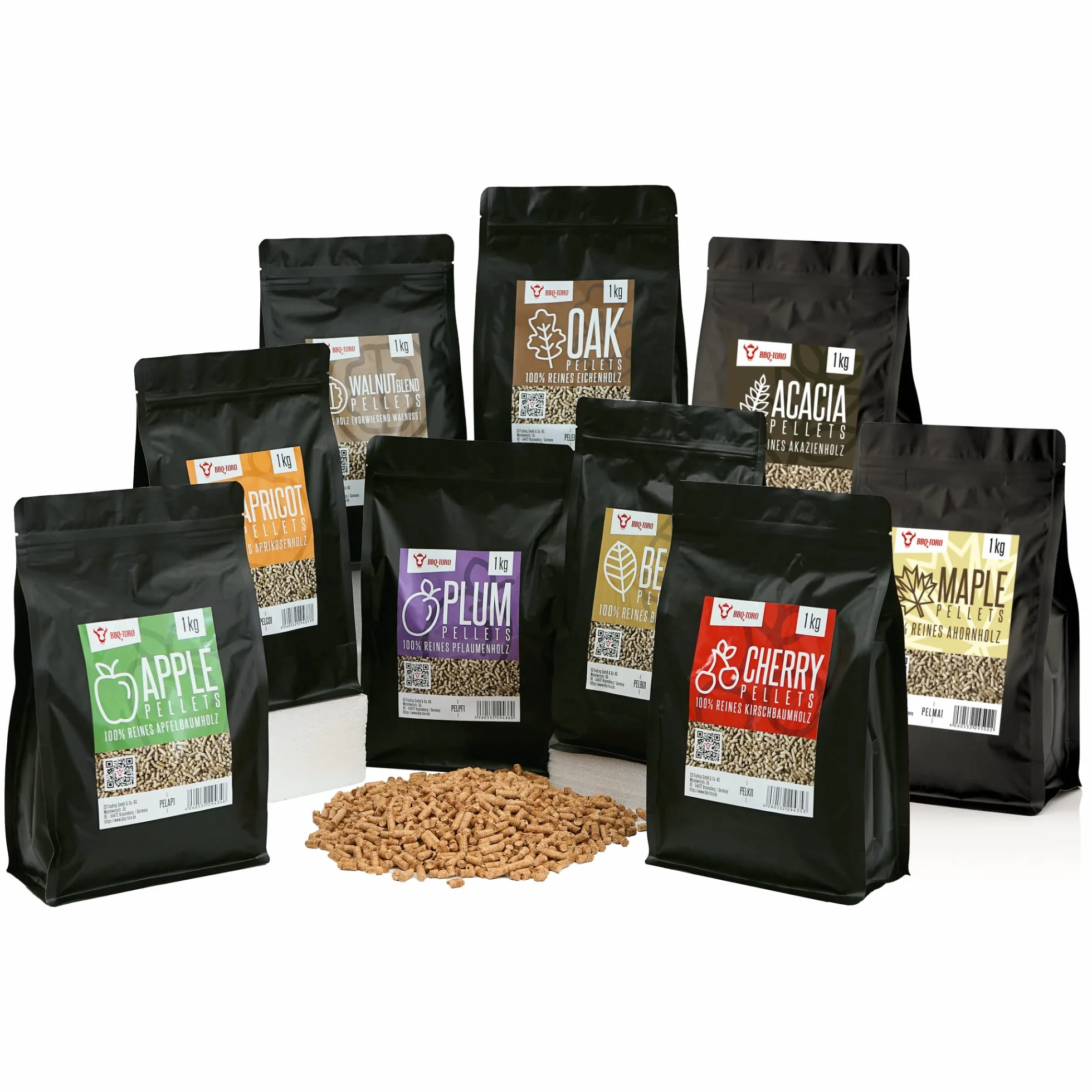 BBQ-Toro Zestaw pellet w 100% z drewna, 9 rodzajów po 1 kg, wędzarnia do grilla, piec do pizzy na pellet i instalacji grzewczych
