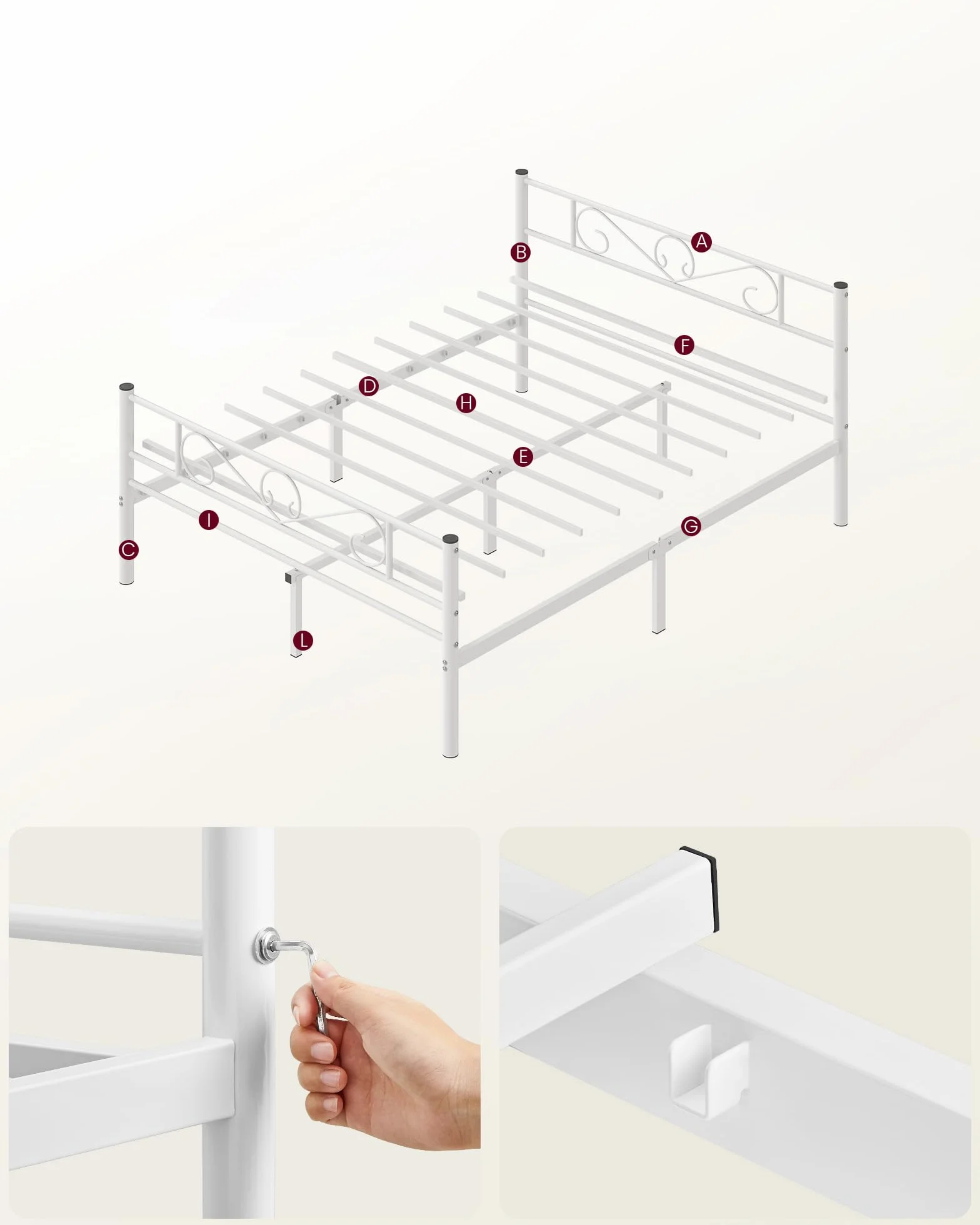VASAGLE Łóżko 2-osobowe, metalowe podwójne łóżko, odpowiednie do materacy 200 x 160 cm, łatwy montaż, do małych przestrzeni, pokoju gościnnego, pokoju młodzieżowego, białe, RMB065W01