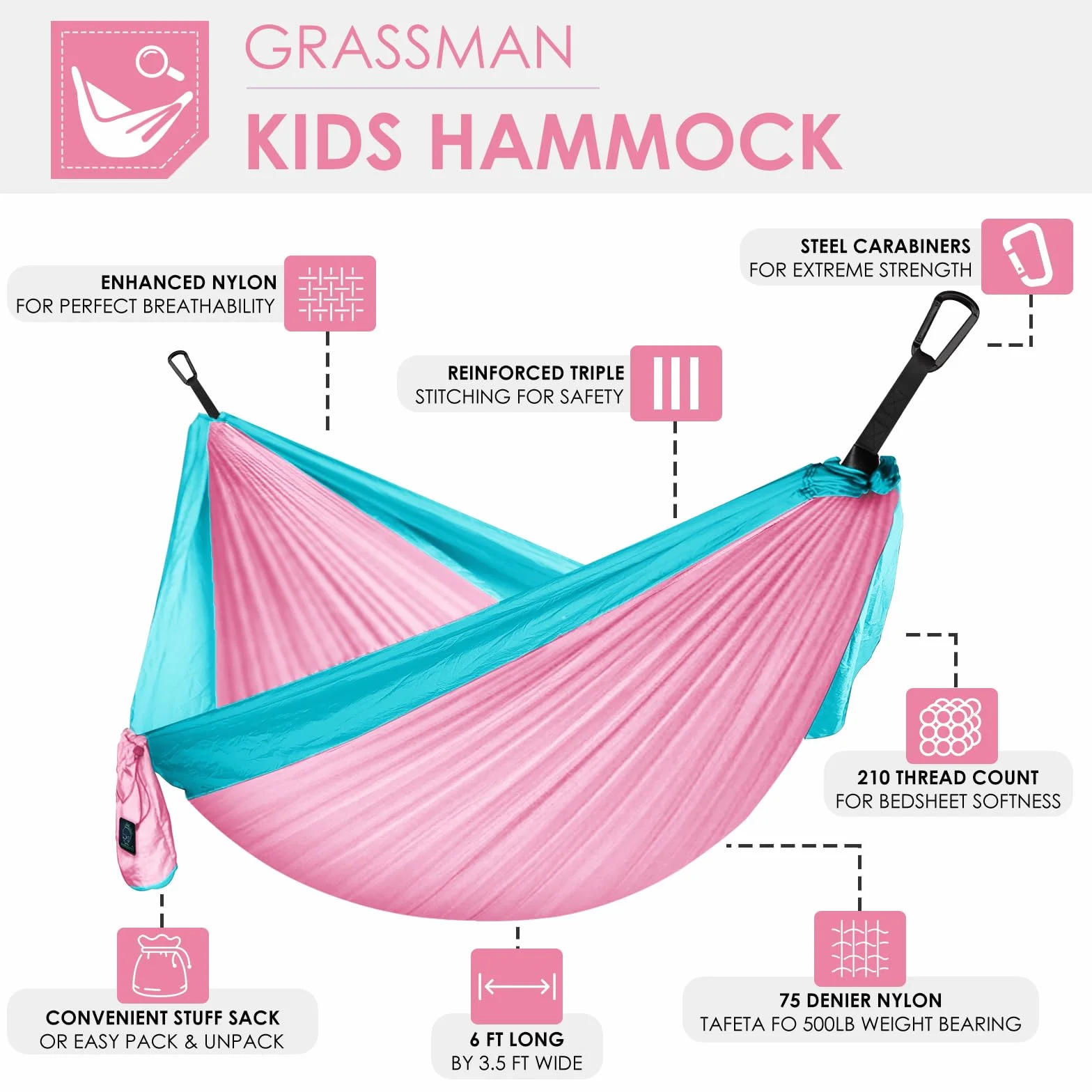 Grassman Mały hamak dziecięcy na kemping, przenośny hamak dla dzieci, dziewcząt, chłopców, ultralekki plecak, mini hamak z paskiem, różowy i niebieski