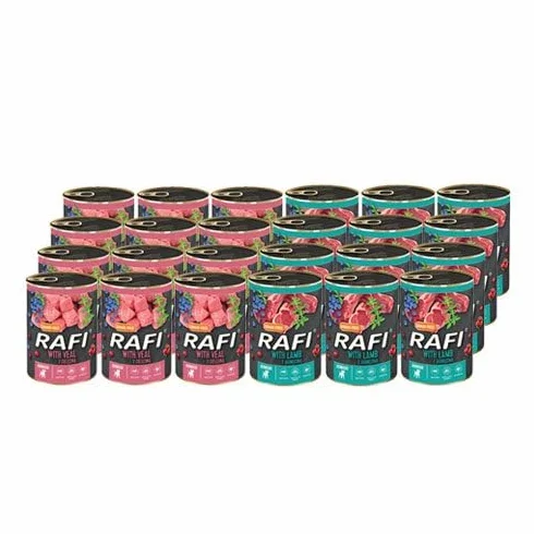 Rafi Junior Mix mokra karma dla psów bez zbóż, z jagnięciną, cielęciną, jagodami i żurawiną, w puszce dla szczeniąt 24 x 400 g