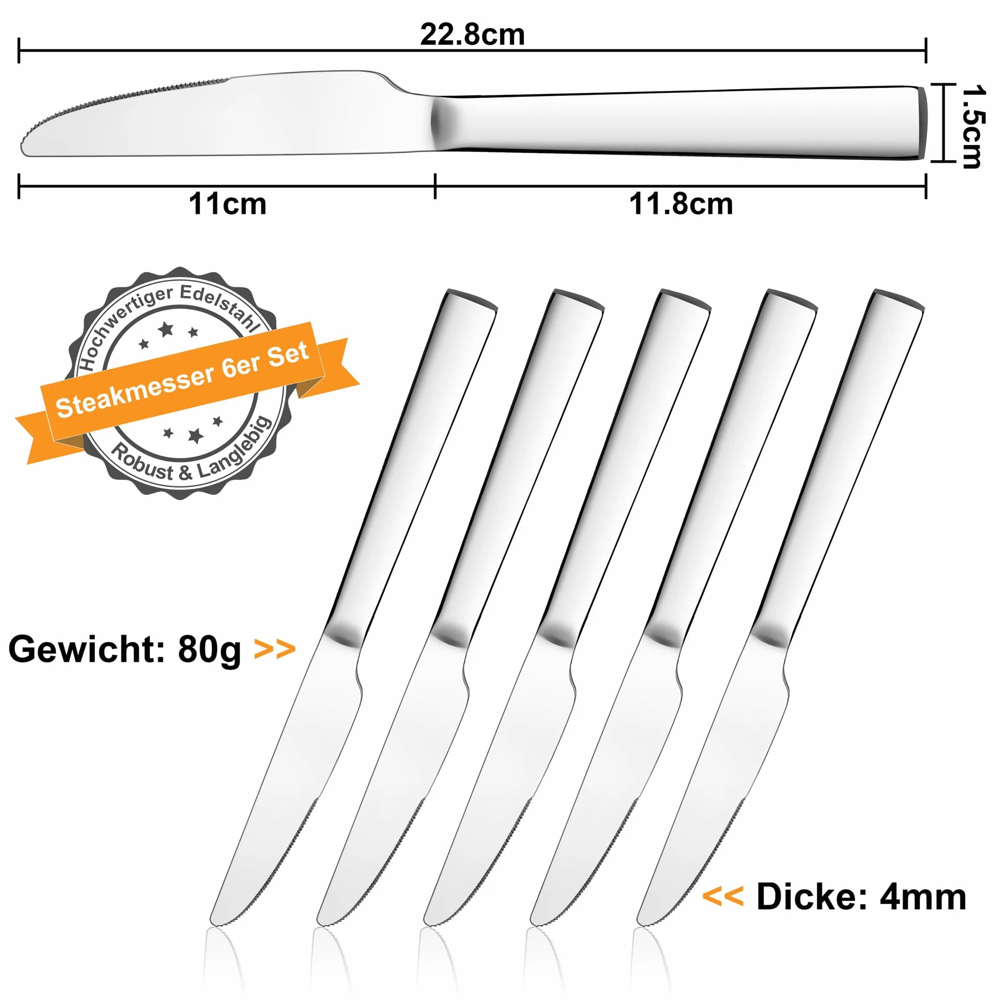 HaWare 6 noży stołowych, ze stali nierdzewnej, nóż śniadaniowy, nóż do masła, 22,8 cm, sztućce, zestaw noży do domu/restauracji/hotelu, polerowany na wysoki połysk i nadaje się do mycia w zmywarce