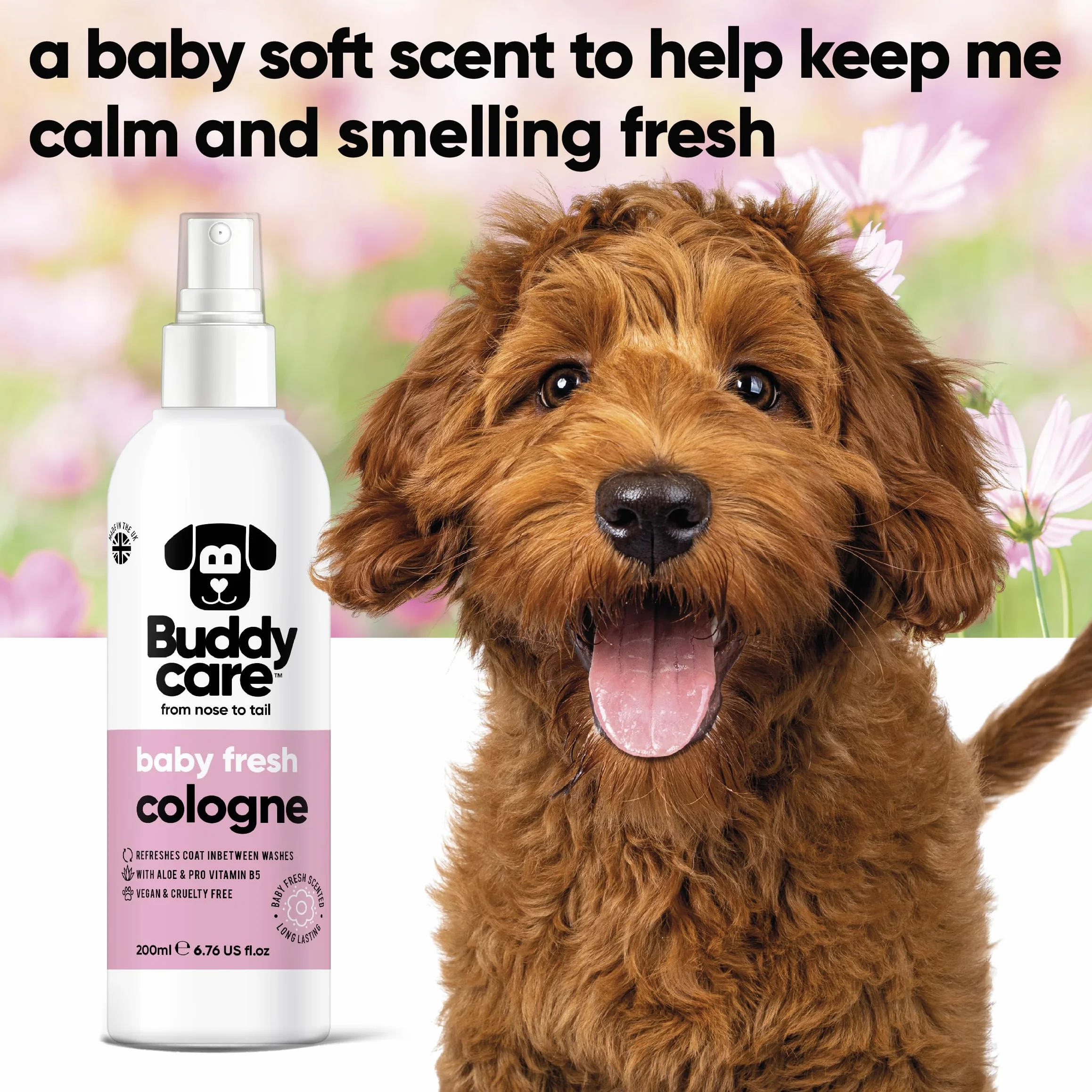 Buddycare perfumy dla psów – pachnące świeżo dla niemowląt – delikatne i pudrowe pachnące psy kolońskie – odświeżone pomiędzy myciami psa (200 ml, 1 sztuka)
