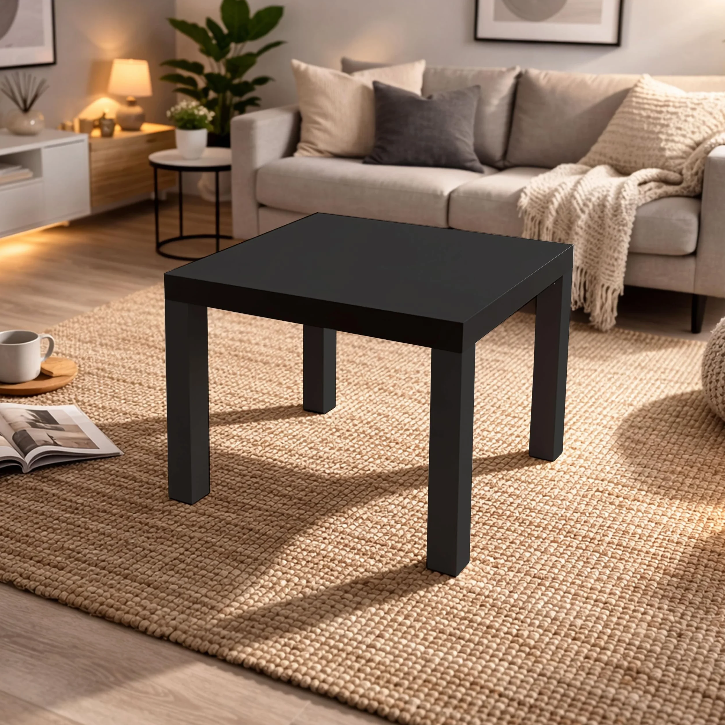 Nowoczesny stolik kawowy biały i czarny ze wzorem – mały stolik do salonu 55 x 55 cm – kwadratowy stolik kawowy – mini stolik i stolik kawowy – czarny