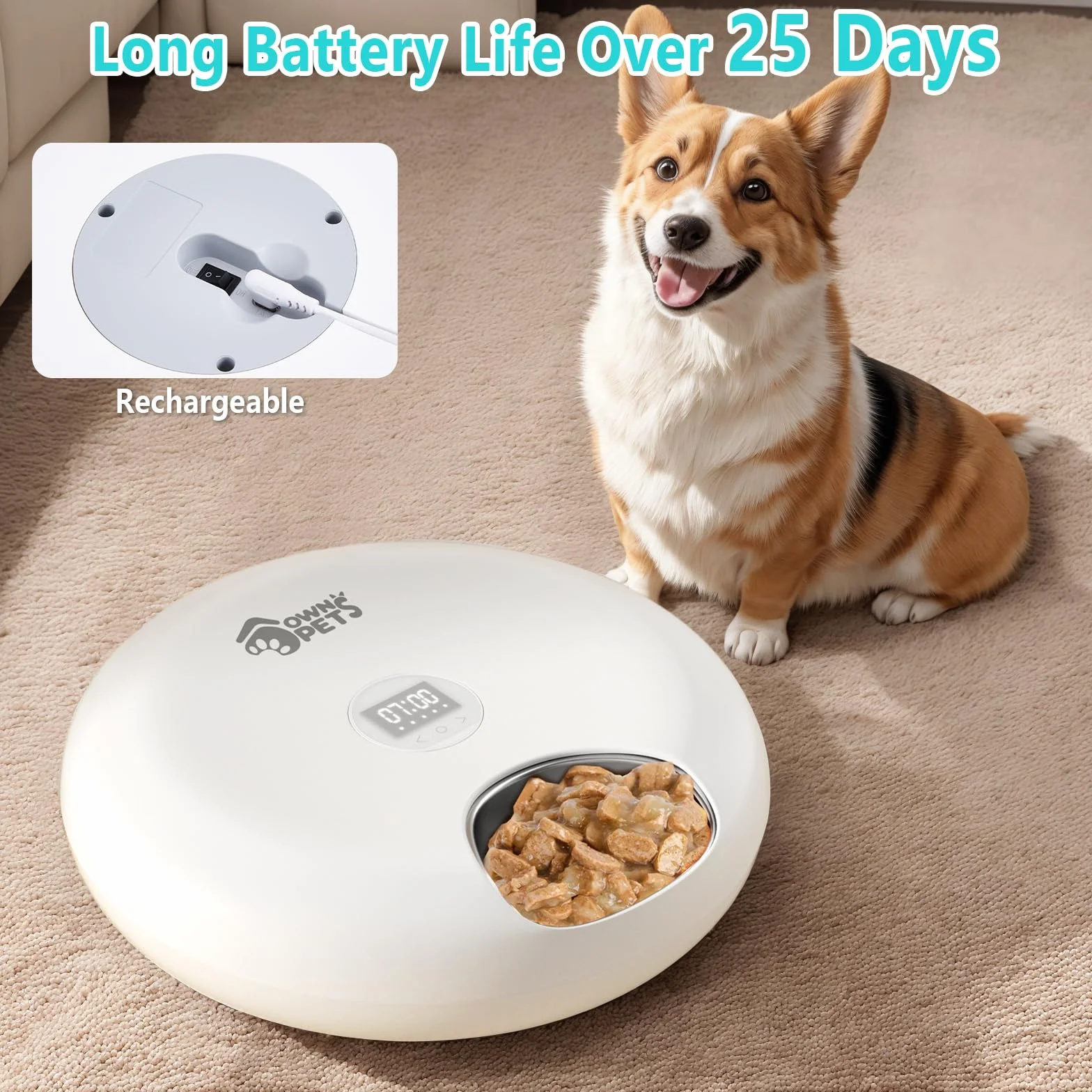 Ownpets Automatyczny podajnik z licznikiem dla zwierząt domowych na mokrą karmę, automatyczny dozownik z zasilaniem bateryjnym i USB, dwa opaski chłodzące, stalowa tacka na jedzenie 6 posiłków (każdy