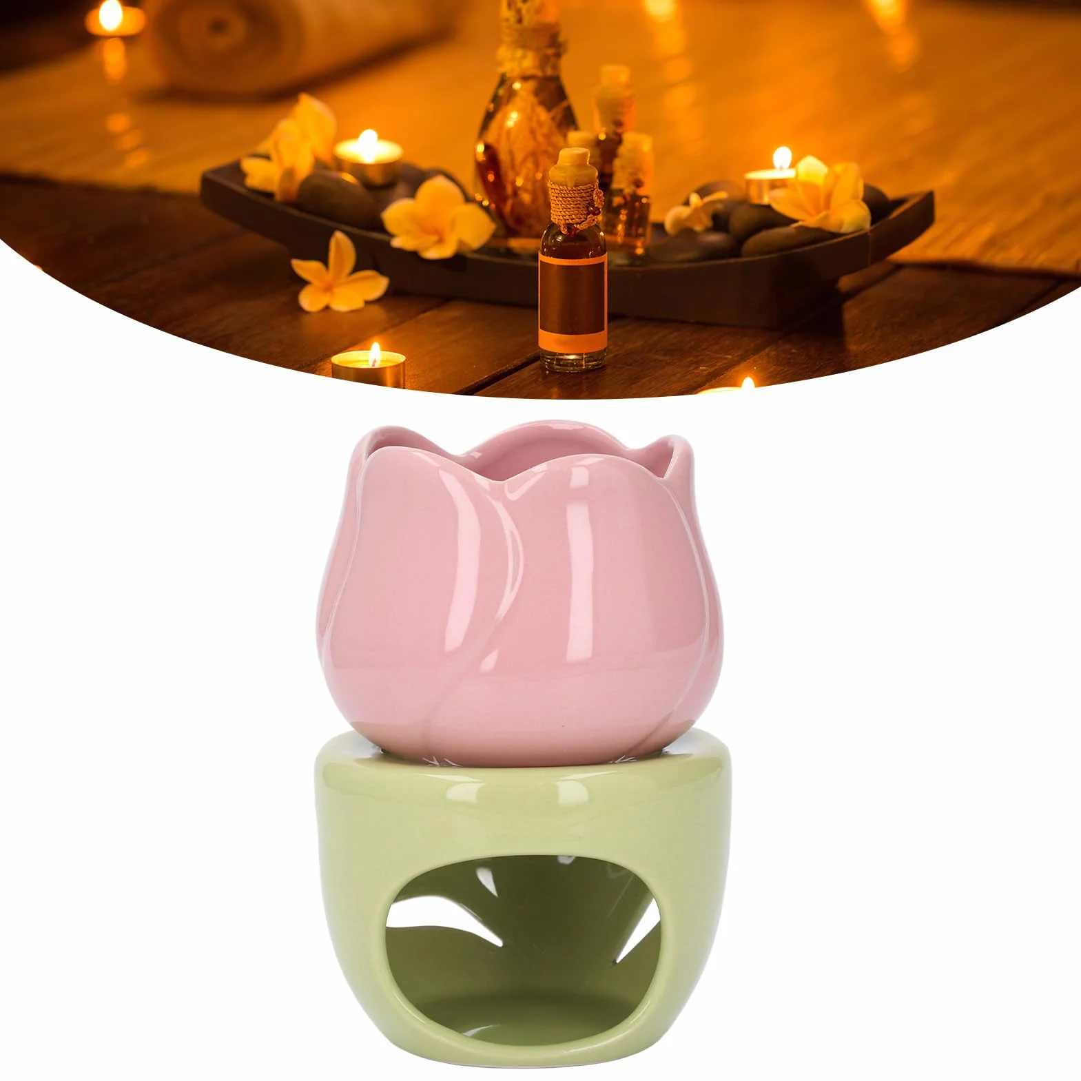 Ceramiczny Dyfuzor do Aromaterapii, Kominek na Olejki Eteryczne w Kształcie Różowego Kwiatu z Zielonym Stojakiem do Sesji Aromaterapii, do Użytku Domowego i Biurowego