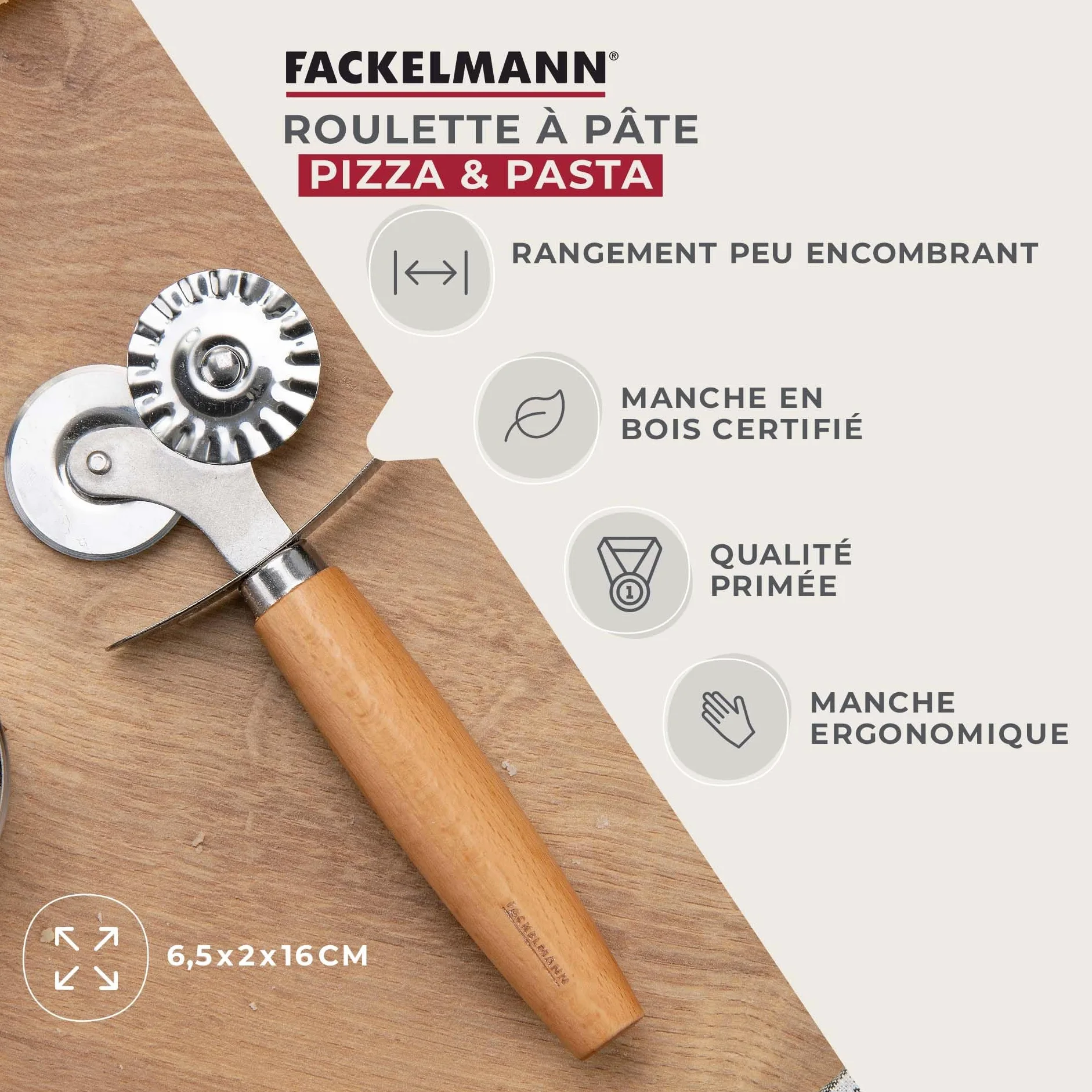 Fackelmann Koło do ciasta na ravioli, muły lub ciasteczka – kółko do ciasta ze stali nierdzewnej ze stopu cynku – do domowego makaronu – ergonomiczny uchwyt z drewna bukowego