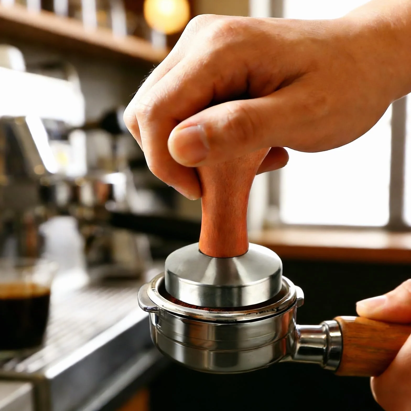 Tamper do espresso, 58 mm, tamper do kawy, z drewnianym uchwytem i matą silikonową, ubijak do kawy, silikonowy ubijak do kawy, ze stali nierdzewnej