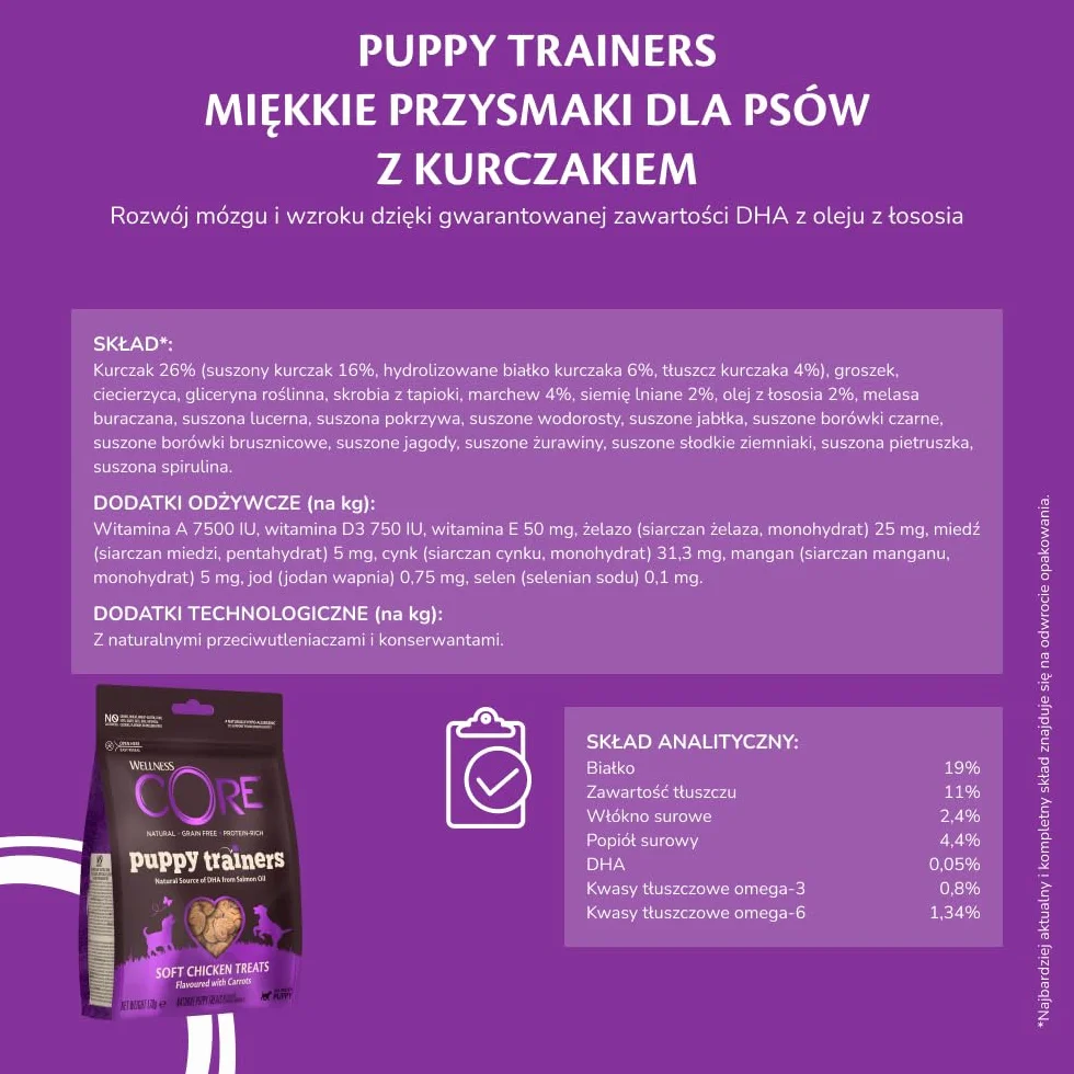 Wellness CORE Puppy Trainers 170g, Miękkie Przysmaki dla Szczeniąt, Bezzbożowe, Naturalne, Hipoalergiczne, Bogate w Białko