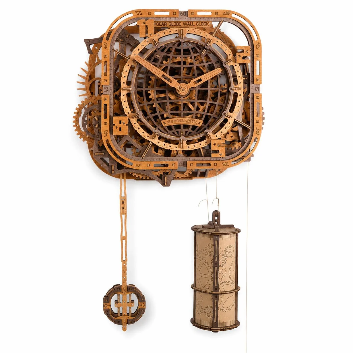 WOODEN.CITY 3D Drewniane puzzle – zegar ścienny Gear Globe, drewniany zegar, puzzle, model, zestaw do budowania dla dorosłych, 369 elementów, mechaniczny zegar z puzzlami 3D, nie wymaga kleju
