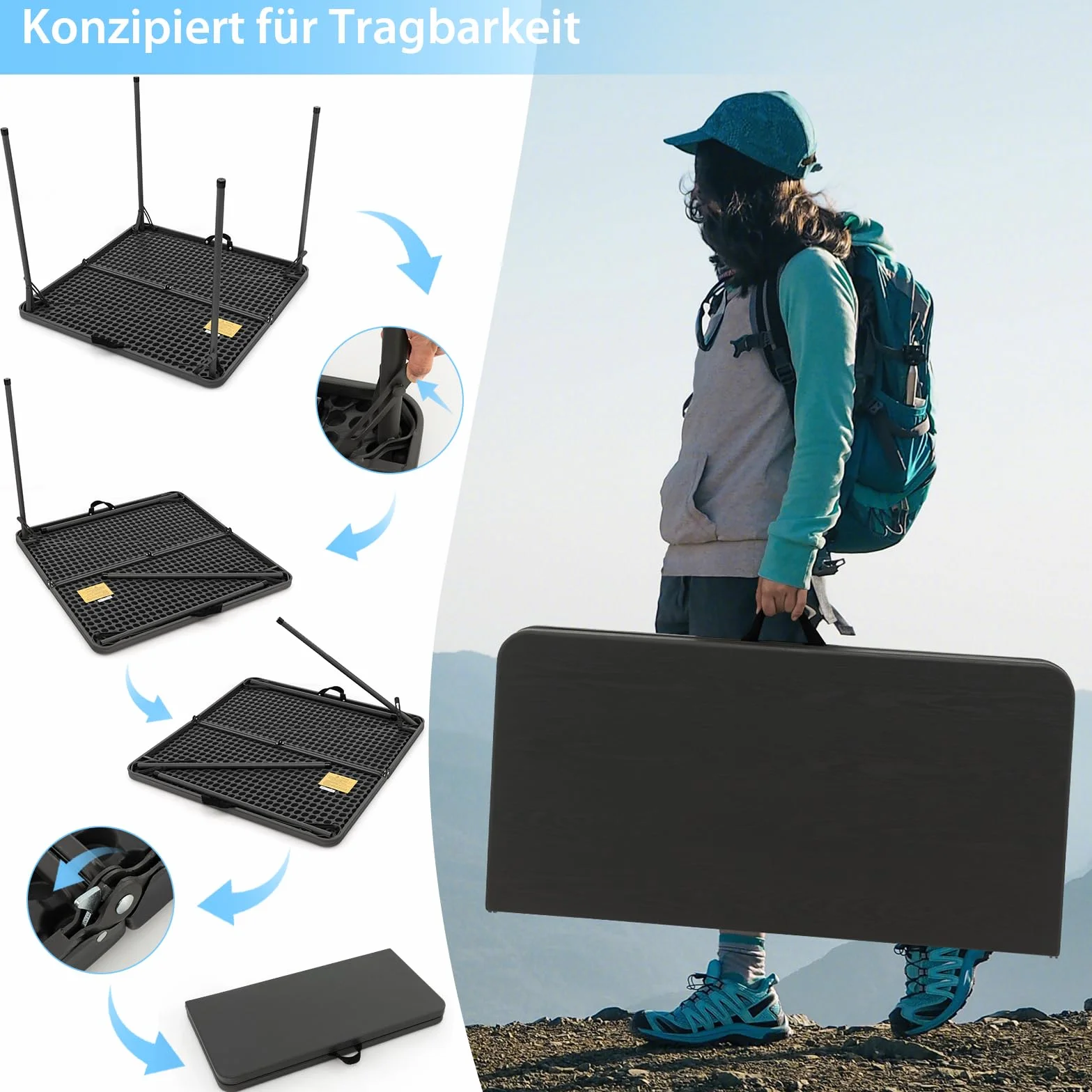 COSTWAY Składany stół kwadratowy, 86 x 86 cm, kempingowy, składany, z blatem z HDPE i uchwytem do noszenia, dla 4 osób, przenośny do jadalni i kuchni, ogrodowy