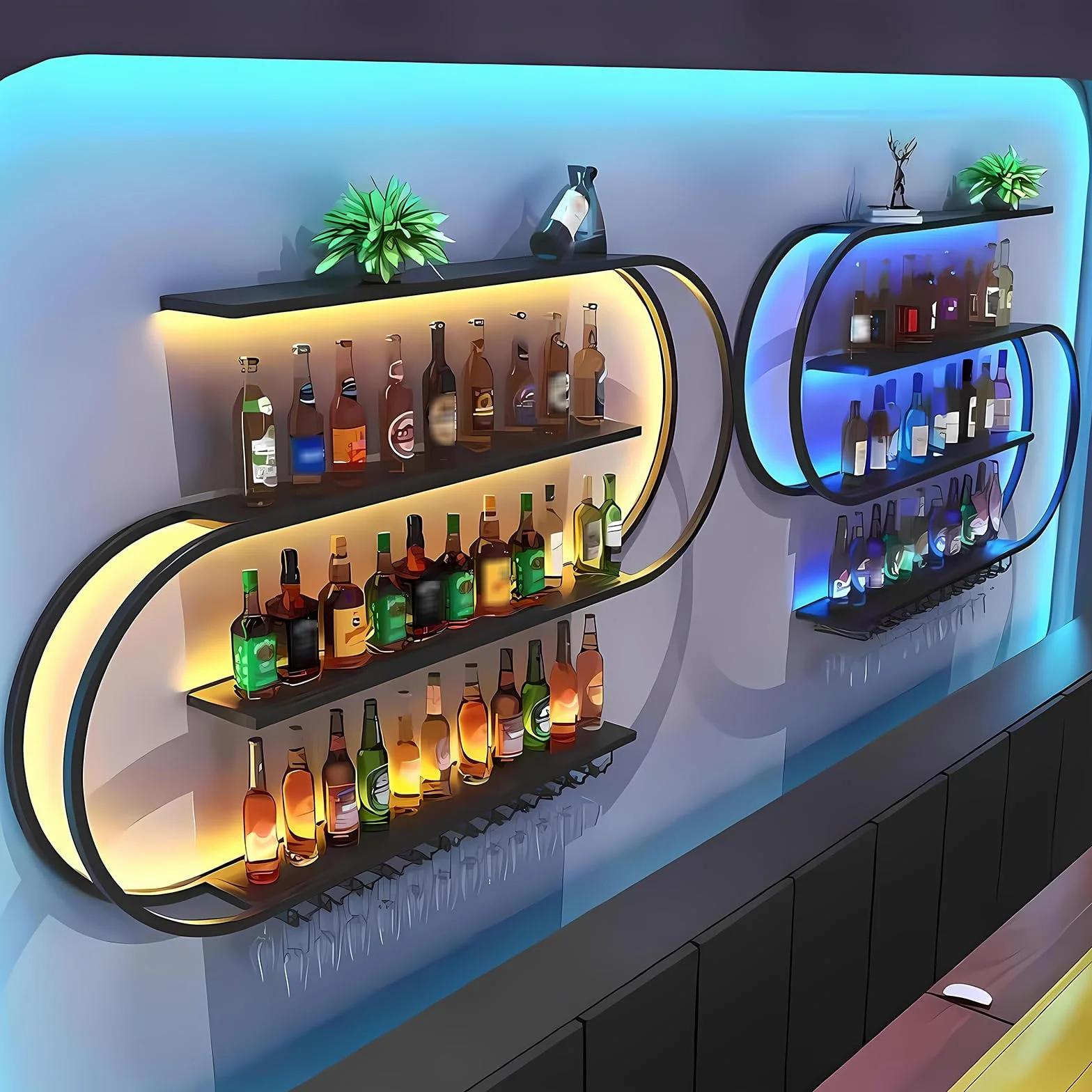 Stojak na wino, ścienne stojaki na wino, żelazna półka na alkohol z uchwytem na kieliszki wina, z półką do przechowywania butelek, odpowiedni do baru, restauracji, kuchni (Czarny, 150cm)